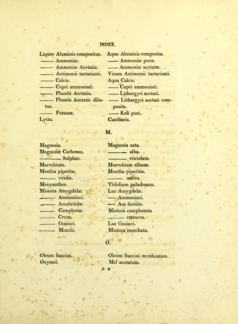 Liquor Aluminis compositus. Ammoniae. Ammoniae Acetatis. Antimonii tartarizati. Calcis. Cupri ammoniati. Plumbi Acetatis. —■— Plumbi Acetatis dilu- tus. Potassae. Lytta. Magnesia. Magnesiae Carbonas. — Sulphas. Marrubium. Mentha piperita. — viridis. Menyanthes. Mistura Amygdalae. — — Ammoniaci. Assafcetidae. . Camphorae. Cretae. Guaiaci. c—■ Moschi. Oleum Succini. Oxymel. Aqua Aluminis composita. Ammoniae purae. Ammoniae acetatae. Vinum Antimonii tartarizati. Aqua Calcis. Cupri ammoniati. Lithargyri acetati. Lithargyri acetati com- posita. Kali puri. Cantharis. M. Magnesia usta. — alba. vitriolata. Marrubium album. Mentha piperitis. sativa. Trifolium paludosum. Lac Amygdalae. Ammoniaci. Asa foetidae. Mistura camphorata cretacea. Lac Guaiaci. Mistura moschata. O. Oleum Succini rectificatum. Mei acetatum. B b