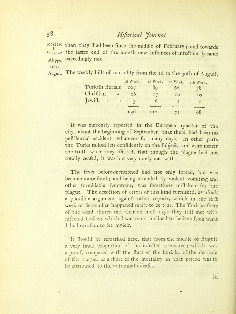 BOOK than they had been fince the middle of February; and towards »—J—« the latter end of the month new inftances of mfe6lion became Aleppo, exceedingly rare. 1762. Auguft. The weekly bills of mortality from the 2d to the 30th of Auguft. iftWeek. 2d Week. 3d Week. 4th Week. Tnrkilh Burials 107 89 60 58 Chriftian - 26 17 10 10 Jewifh - - 3 6 I o 136 112 71 68 It was currently reported in the European quarter of the city, about the beginning of September, that there had been no peftilential accidents whatever for many days. In other parts the Turks talked lefs confidently on the fubje6l, and were nearer the truth when they alTerted, that though the plague had not totally ceafed, it was but very rarely met with. The fever before-mentioned had not only fpread, but was become more fatal; and being attended by violent vomiting and other formidable fymptoms, was fometimes miftaken for the plague. The detedtion of errors of this kind furnifhed, as ufual, a plaufible argument againfl; other reports, which in the firfl week of September happened really to be true. The Turk wafhers of the dead aflured me, that on mod days they flill met with infe6led bodies; which I was more inclined to believe from what I had occafion to fee myfeif. It fhould be remarked here, that from the middle of Auguft a very fmall proportion of the infe6led recovered; which was a proof, compared with the ftate of the burials, of the decrcafe of the plague, as a fhare of the mortality in that period was to be attributed to the autumnal difeafes.