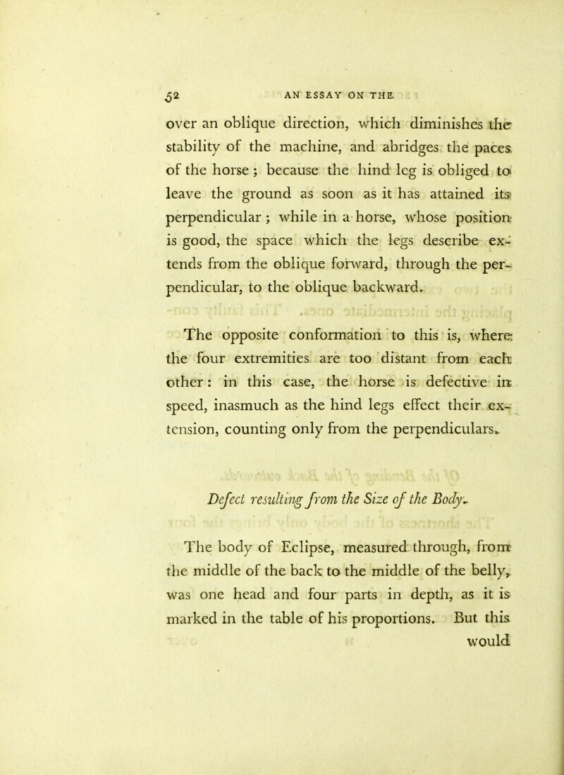 over an oblique direction, which diminishes the stability of the machine, and abridges the paces of the horse ; because the hind leg is obliged to leave the ground as soon as it has attained its? perpendicular; while in a horse, whose position is good, the space which the legs describe ex- tends from the oblique forward, through the per- pendicular, to the oblique backward. The opposite conformation to this is, where the four extremities are too distant from each other: in this case, the horse is defective in speed, inasmuch as the hind legs effect their ex- tension, counting only from the perpendiculars. Defect resulting from the Size of the Body* The body of Eclipse, measured through, from- the middle of the back to the middle of the belly,, was one head and four parts in depth, as it is marked in the table of his proportions. But this would