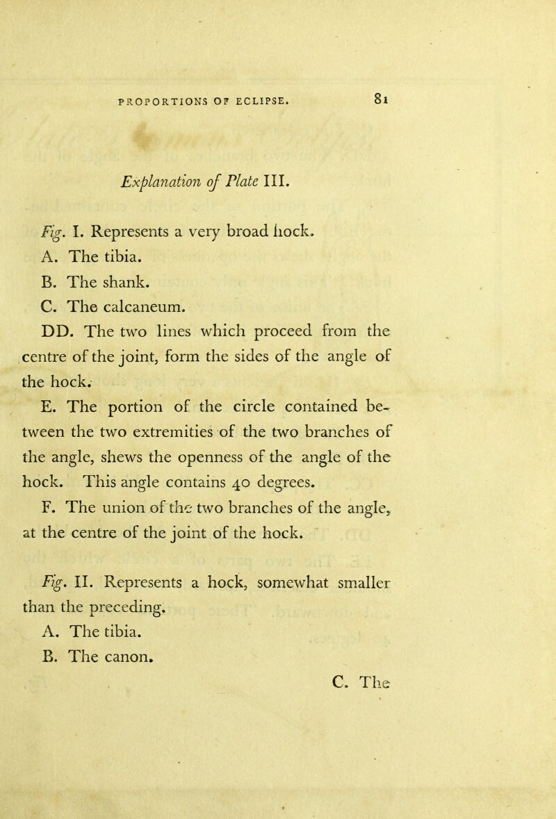 Explanation of Plate III. Fig. I. Represents a very broad hock. A. The tibia. B. The shank. C. The calcaneum. DD. The two lines which proceed from the centre of the joint, form the sides of the angle of the hock. E. The portion of the circle contained be- tween the two extremities of the two branches of the angle, shews the openness of the angle of the hock. This angle contains 40 degrees. F. The union of the two branches of the angle, at the centre of the joint of the hock. Fig. II. Represents a hock, somewhat smaller than the preceding. A. The tibia. B. The canon* C. The