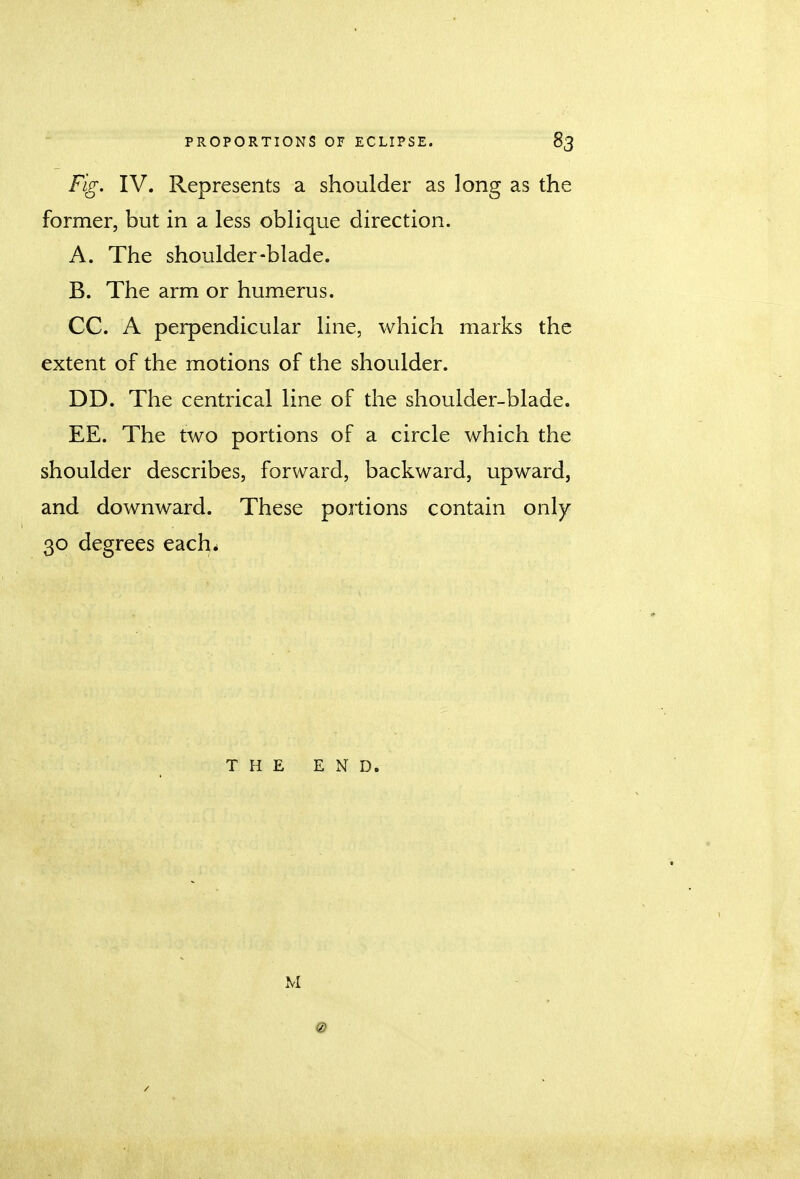 Fig. IV. Represents a shoulder as long as the former, but in a less oblique direction. A. The shoulder-blade. B. The arm or humerus. CC. A perpendicular line, which marks the extent of the motions of the shoulder. DD. The centrical line of the shoulder-blade. EE. The two portions of a circle which the shoulder describes, forward, backward, upward, and downward. These portions contain only 30 degrees each> THE END. M 0 /