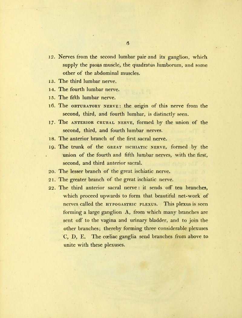 12. Nerves from the second lumbar pair and its ganglion, which supply the psoas muscle, the quadratus lumbonim, and some other of the abdominal muscles. 13. The third lumbar nerve. 14. The fourth lumbar nerve. 15. The fifth lumbar nerve. 16. The OBTURATORY NERVE: the origin of this nerve from the second, third, and fourth lumbar, is distinctly seen. 17. The ANTERIOR CRURAL NERVE, formed by the union of the second, third, and fourth lumbar nerves. 18. The anterior branch of the first sacral nerv6. 19. The trunk of the great ischiatic nerve, formed by the union of the fourth and fifth lumbar nerves, w^ith the first, second, and third anterior sacral. 20. The lesser branch of the great ischiatic nerve. 21. The greater branch of the great ischiatic nerve. 22. The third anterior sacral nerve : it sends off ten branches, which proceed upwards to form that beautiful net-work of nerves called the hypogastric plexus. This plexus is seen forming a large ganglion A, from which many branches are sent off to the vagina and urinary bladder, and to join the other branches; thereby forming three considerable plexuses C, D, E. ITie coeliac ganglia send branches from above to unite with these plexuses.