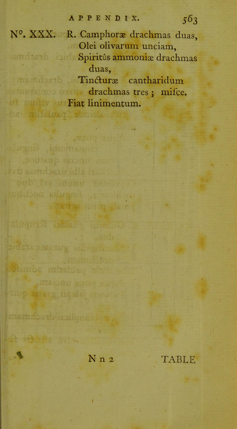 Np. XXX. R. Camphorse drachmas duas, Olei olivarum unciam, Spiritus ammoniae drachmas duas, Tindlurae cantharidum drachmas tres ; mifce. Fiat linimentum. N n 2 TABLE