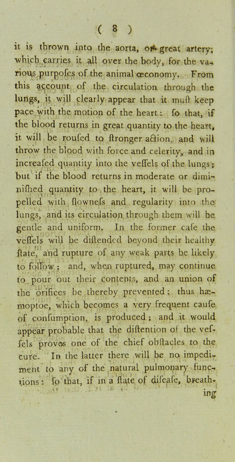 it is thrown into the aorta, oi*. great artery; whichj:arrie$ it all over the body, for the va^ riou^.purpofes.of the animal ceconomy. From this ^c^ppunt; of the circulation through the lungs, it will flearly appear that it muft keep pace, with the motion of the heart: fo that, if the blood returns in great quantity to the heart, it will be roufed to ftronger aftion, and will throw the blood with force and celerity, and in increafed quantity into the vefTels of the lungs; but if the blood returns in moderate or dimi- nifiied quantity to . the heart, it will be pro- pelled with flownefs and regularity into thef lungs, and its circulation through them will be gentle and uniform. In the former cafe the ve.flels will be diftendcd beyond their healthy ilate,'and rupture of any weak parts be likely to follow ; and, whqn ruptured, may continue to., pour but their contents, and an union of the orifices be thereby prevented; thus has- moptoe, which becomes a very frequent caufe of confumption, is produced ; and it would appear probable that the diftention of the vef- fels' proves one of the chief obltacles to the cute. In the latter there will be no impedi^ ment to any of the,natural pulmonary func-r tions : fo that, if in a fiate of difeafe, bFeathr