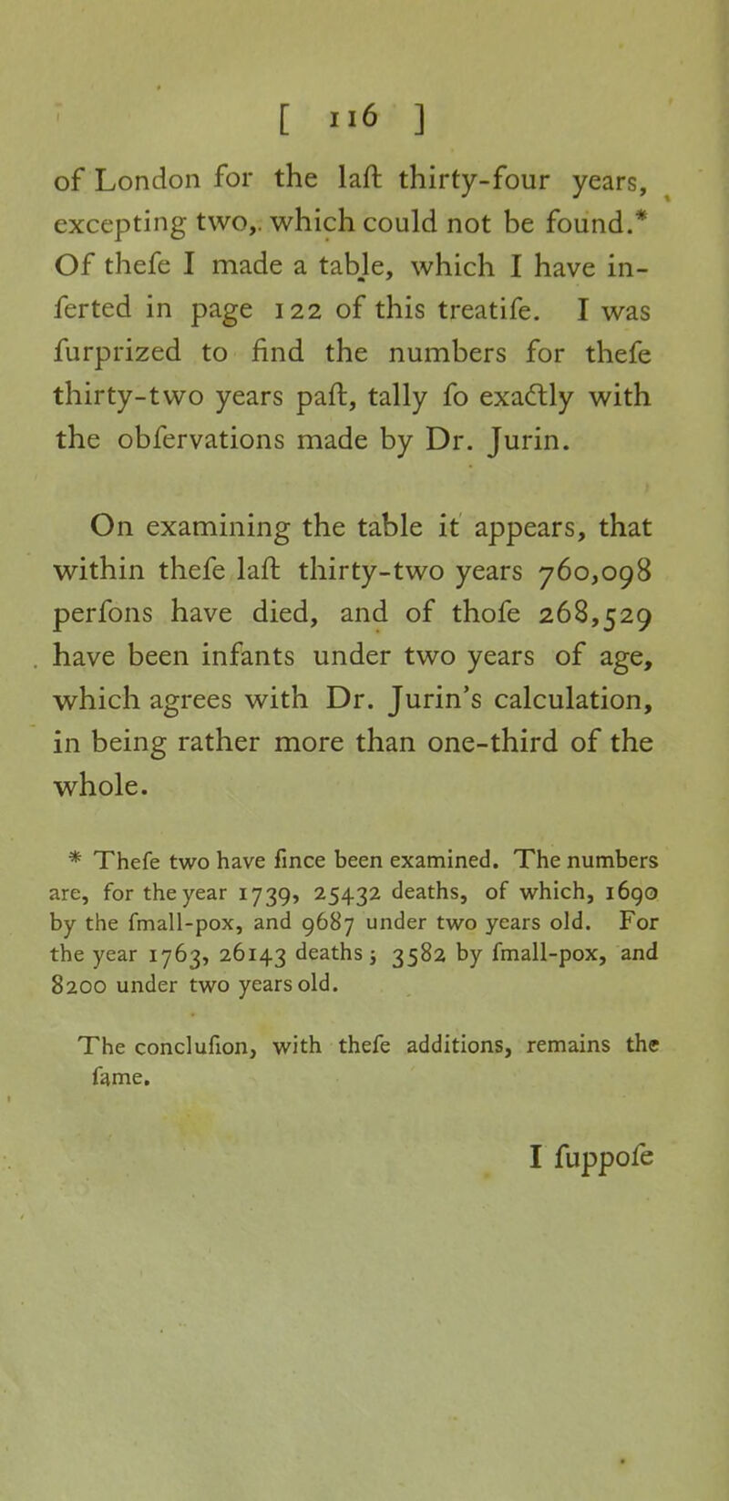 of London for the laft thirty-four years, excepting two,, which could not be found.* Of thefe I made a table, which I have in- ferted in page 122 of this treatife. I was furprized to find the numbers for thefe thirty-two years paft, tally fo exadlly with the obfervations made by Dr. Jurin. On examining the table it appears, that within thefe laft thirty-two years 760,098 perfons have died, and of thofe 268,529 have been infants under two years of age, which agrees with Dr. Jurin's calculation, in being rather more than one-third of the whole. * Thefe two have fince been examined. The numbers are, for the year 1739, 25432 deaths, of which, 1690 by the fmall-pox, and 9687 under two years old. For the year 1763, 26143 deaths i 3582 by fmall-pox, and 8200 under two years old. The conclufion, with thefe additions, remains the fame. I fuppofe