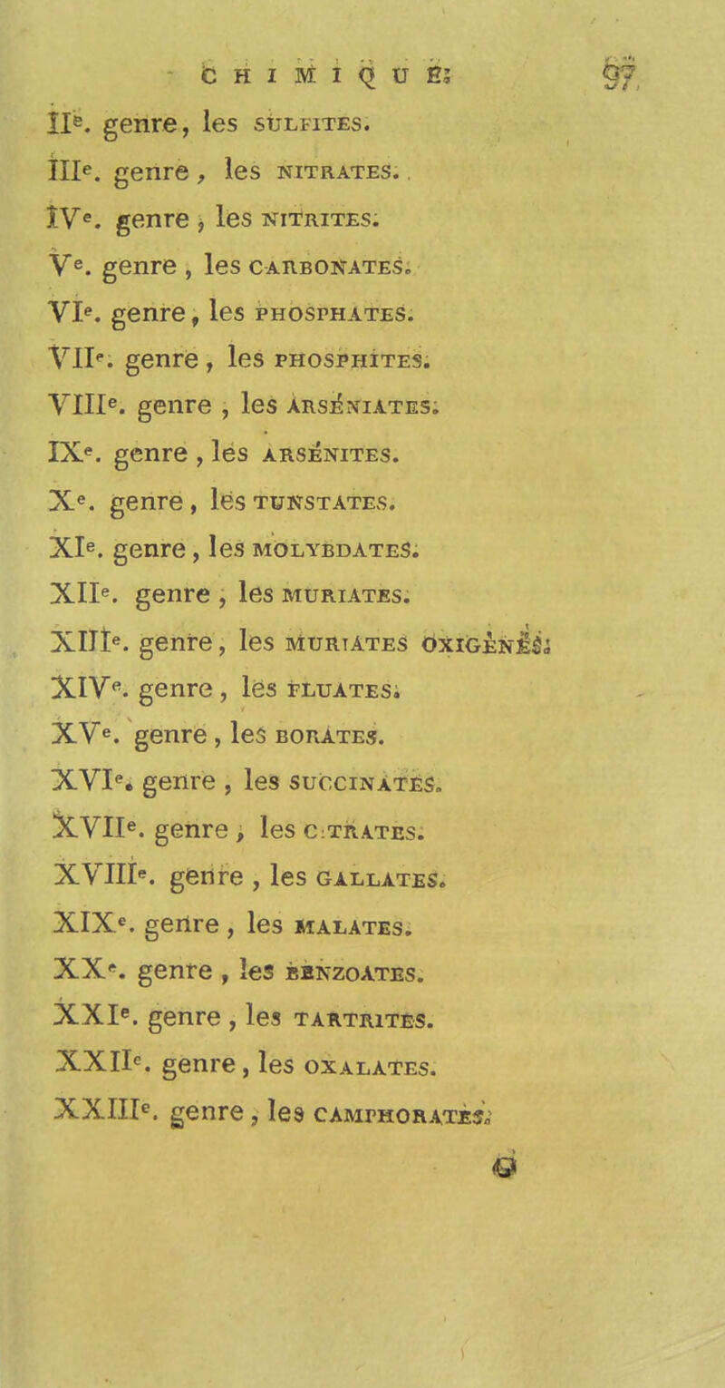 IJ>. genre, les sulfites. IIIe. genre , les nitrates. . XVe. genre , les nitrites. Ve. genre , les carbonates. VIe. genre, les phosphates. VIP. genre , les phosphites. VIIIe. genre , les arsenates. IXe. genre , les arsenites. Xe. genre, lestunstates. XIe. genre, les molybdateS. XIIe. genre , les muriates. XIIIe. genre, les murtates Oxigene^,; XIVe. genre , les fluates; XVe. genre , les borates. XVIe* genre , les succinates. XVII*. genre, les cerates. XVILR genre , les gallates. XIXe. genre , les malates. XX*. genre , les bbnzoates. XXIe. genre , les tartrites. XXIK genre, les oxalates. XXIIR genre, les camphorates*