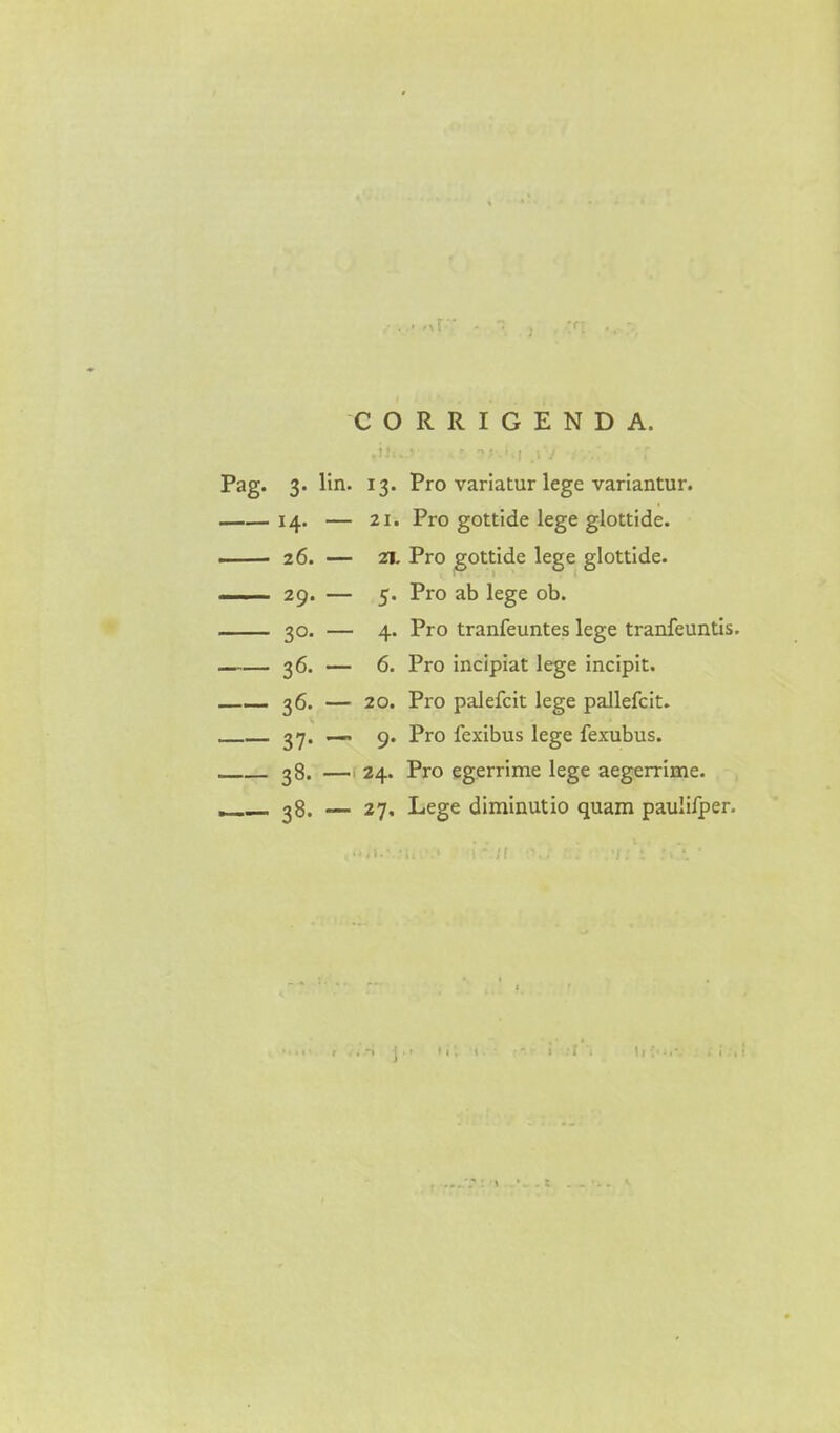 CORRIGENDA. Pag. 3- lin. 13- Pro variatur lege varlantur. 14. 21. Pro gottide lege glottide. 26. 21. Pro gottide lege glottide. 29. 5- Pro ab lege ob. 30. 4- Pro tranfeuntes lege tranfeuntis. 36. 6. Pro incipiat lege incipit. 36. 20. Pro palefcit lege pallefcit. 37- 9- Pro fexibus lege fexubus. 38- 24. Pro egerrime lege aegerrime. 38. 27, Lege diminutio quam paulifper.