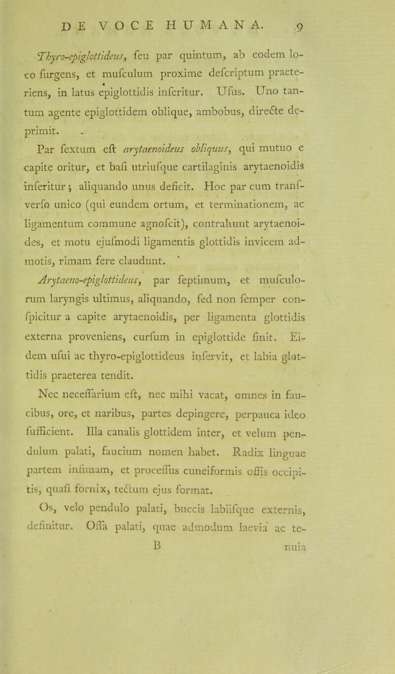 Thyi-o-epiglotudeusy feu par quintum, ab eodem lo- co furgens, et mufculum proxime defcriptum praete- riens, in latus epiglottidis inferitur. Ufus. Uno tan- tum agente epiglottidem oblique, ambobus, diredte de- primit. Par fextum eft arytaenoideus obllquus, qui mutuo e capite oritur, et bafi utriufque cartilaginis arytaenoidis inferitur; aliquando unus deficit. Hoc par cum tranf- verfo unico (qui eundem ortum, et terminationem, ac ligamentum commune agnofcit), contrahunt arytaenoi- des, et motu ejufmodi ligamentis glottidis invicem ad- motis, rimam fere claudunt. Arytaeno-epiglottideus, par feptimum, et mufculo- rum laryngis ultimus, aliquando, fed non femper con- fpicitur a capite arytaenoidis, per ligamenta glottidis externa proveniens, curfum in epiglottide finit. Eir dem ufui ac thyro-epiglottideus inferyit, et labia glot- tidis praeterea tendit. Nec neceffarium eft, nec mihi vacat, omnes in fau- cibus, ore, ec naribus, partes depingere, perpauca ideo fufficient. Ilia canalis glottidem inter, et velum pen- dulum palati, faucium nomen liabet. Radix linguae partem infimam, et proceffus cunelformis ollis occipi- tis, quali fornix, tedium ejus format. Os, velo pendulo palati, buccis labiifque externis, definitur. OfTa palati, quae admodum laevia ac te- B nuia