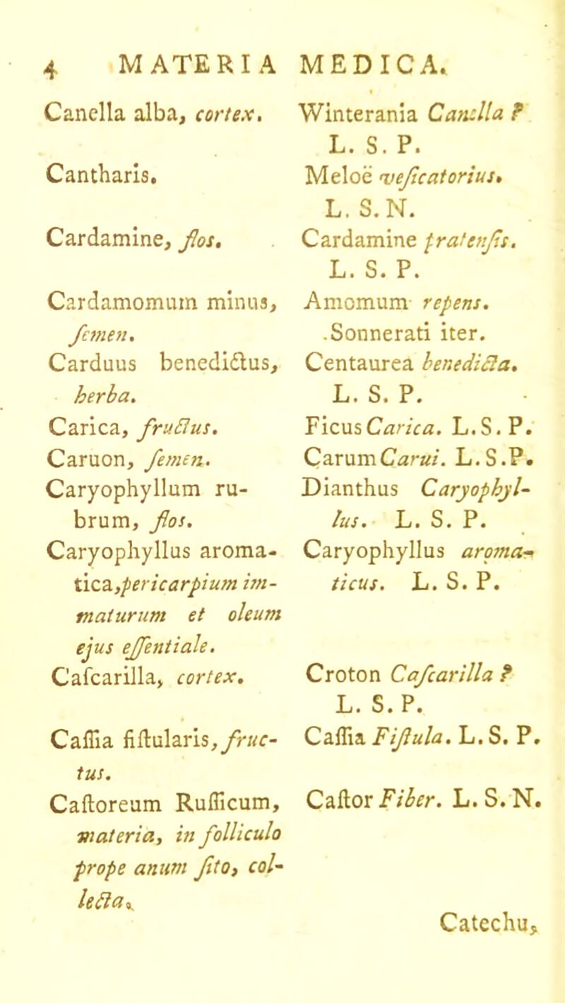 Canella alba, cortex. Cantharis. Cardamine, flos. Cardamomum minus, femen. Carduus benedicius, herba. Carica, fruttus. Caruon, femen. Caryophyllum ru- brum, flos. Caryophyllus aroma- tica,pericarpium im- maturum et oleum ejus effentiale. Cafcarilla, cortex. Caffia fiftularis,>/rKf- tus. Cafloreum Rufficum, materia, in folliculo prope anum flto, col- lecta* Winterania Canella ? L. S. P. Meloe n>eflc at ortus. L. S.N. Cardamine pratenfls. L. S. P. Amomum repens. .Sonnerati iter. Centaurea benedicla. L. S. P. Ficus Carica. L.S.P. Carum Carui. L.S.P. Dianthus Caryophyl- lus. L. S. P. Caryophyllus aroma- ticus. L. S. P. Croton Cafcarilla ? L. S. P. Caffia Fiflula. L. S. P. Caflor Fiber. L. S. N. Catechu,