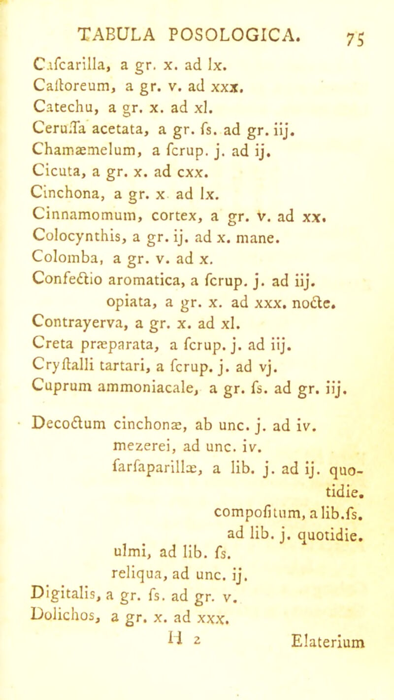 7S C.ifcarilla, a gr. x. ad Ix. Caltoreum, a gr. v. ad xxx. Catechu, a gr. x. ad xl. Ceruda acetata, a gr. fs. ad gr. iij. Chamaemelum, a fcrup. j. ad ij. Cicuta, a gr. x. ad cxx. Cinchona, a gr. x ad lx. Cinnamomum, cortex, a gr. v. ad xx. Colocynthis, a gr. ij. ad x. mane. Colomba, a gr. v. ad x. Confedio aromatica, a fcrup. j. ad iij. opiata, a gr. x. ad xxx. node. Contrayerva, a gr. x. ad xl. Creta praparata, a fcrup. j. ad iij. Crydalli tartari, a fcrup. j. ad vj. Cuprum ammoniacale, a gr. fs. ad gr. iij. Decodum cinchona, ab unc. j. ad iv. mezerei, ad unc. iv. farfaparilla, a lib. j. ad ij. quo- tidie. compofitum, alib.fs. ad lib. j. quotidie, ulmi, ad lib. fs. reliqua, ad unc. ij. Digitalis, a gr. fs. ad gr. v. Dolichos, a gr. x. ad xxx. Ii 2 Elaterium