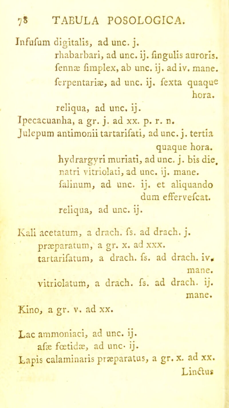 Infufum digitalis, ad unc. j. rhabarbari, ad unc. ij. lingulis auroris, fenms firaplex, ab unc. ij. adiv. mane, ferpentariae, ad unc. ij. fexta quaque hora. reliqua, ad unc. ij. Ipecacuanha, a gr. j. ad xx. p. r. n. Julepum antimonii tartarifati, ad unc. j. tertia quaque hora. hydrargyri muriati, ad unc. j. bis die, natri vitriolati, ad unc. ij. mane, falinum, ad unc. ij. et aliquando dum effervefcat. reliqua, ad unc. ij. Kali acetatum, a drach. fs. ad drach. j. prceparatum, a gr. x. ad xxx. tartarifatum, a drach. fs. ad drach. iv, mane. vitriclatum, a drach. fs. ad drach. ij. mane. Kino, a gr. v. ad xx. Lac ammoniaci, ad unc. ij. afze fcetidse, ad unc- ij. Lapis calaininaris prseparatus, a gr. x. ad xx. Linttus