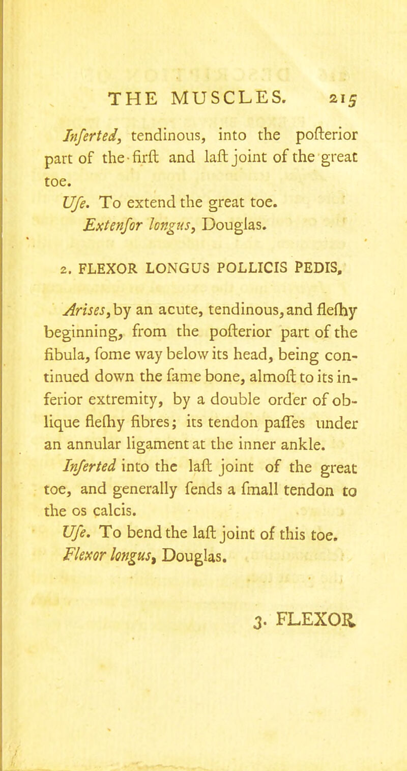 Inferted, tendinous, into the pofterior part of the-firft and laft joint of the great toe. life. To extend the great toe. Extenfor longus, Douglas. 2. FLEXOR LONGUS POLLICIS PEDIS, Arises, by an acute, tendinous, and flefhy beginning, from the pofterior part of the fibula, fome way below its head, being con- tinued down the fame bone, almoft to its in- ferior extremity, by a double order of ob- lique flefriy fibres; its tendon paffes under an annular ligament at the inner ankle. Inferted into the laft joint of the great toe, and generally fends a fmall tendon to the os calcis. life. To bend the laft joint of this toe. Flexor longus^ Douglas. 3. FLEXOR