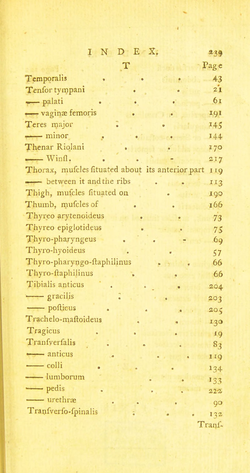T Page Temporalis ... 43 Tenfor tympani . . 21 —— palati • . . 61 — vaginae femoris . . 1.91 Teres major ~. * 145 —— minor . . . 144 Thenar Riolani . . 170 Winfl. . . - 217 Thorax, mufcles fituated about its anterior part 119 ■■ ■ between it and the ribs . . 113 Thigh, mufcles fituated on . 190 Thumb, mufcles of . . 166 Thyreo arytenoideus . . 73 Thyreo epiglotideus . . 75 Thyro-pharyngeus . . - 69 Thyro-hyoideus . , 57 Thyro-pharyngo-ftaphilinus . , 66 Thyro-ftaphilinus . . 66 Tibialis anticus . . . 204 1 gracilis ; , 203 pofticus . . . . a0£ Trachelo-maftoideus . . ig0 Tragicus . . . lg Tranfverfalis ... 83 —~ anticus . . .119 colli ... 134 lumborum . . pedis . . , a2?s urethras . . , go Tranfverfo-fpinalis ; . . 13a Tranf-