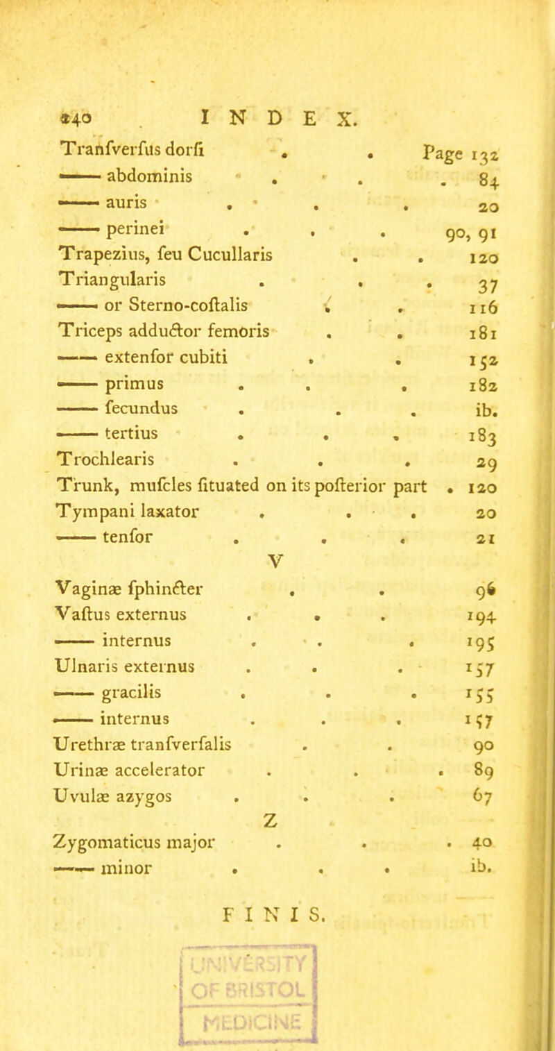 *4° I N D E X. Tranfverfus dorfi . • Page 132 1 abdominis . • - 8+ - ■' auris , • • • 20 ■ perinei t • go, 01 Trapezius, feu Cucullaris • 120 Triangularis • 37 ■■ ■ < or Sterno-coftalis 116 Triceps adduftor femoris • 181 —— extenfor cubiti • I C2 J — primus • 182 ——— fecundus ib. —— tertius • 183 Trochlearis • ♦ 20 Trunk, mufcles fituated on its pofterior part . 120 Tympani laxator . • . 20 — tenfor * i 21 V Vaginae fphinfter • • 96 Vaftus externus • • 194. ■ internus • 195 Ulnaris externus ■ ■ gracilis * ■ internus M7 Urethrse tranfverfalis . . 90 Urinae accelerator . . .89 Uvulse azygos . .67 Z Zygomaticus major . . .40 ■ '■ minor . • ib. FINIS. - OF BRISTOL