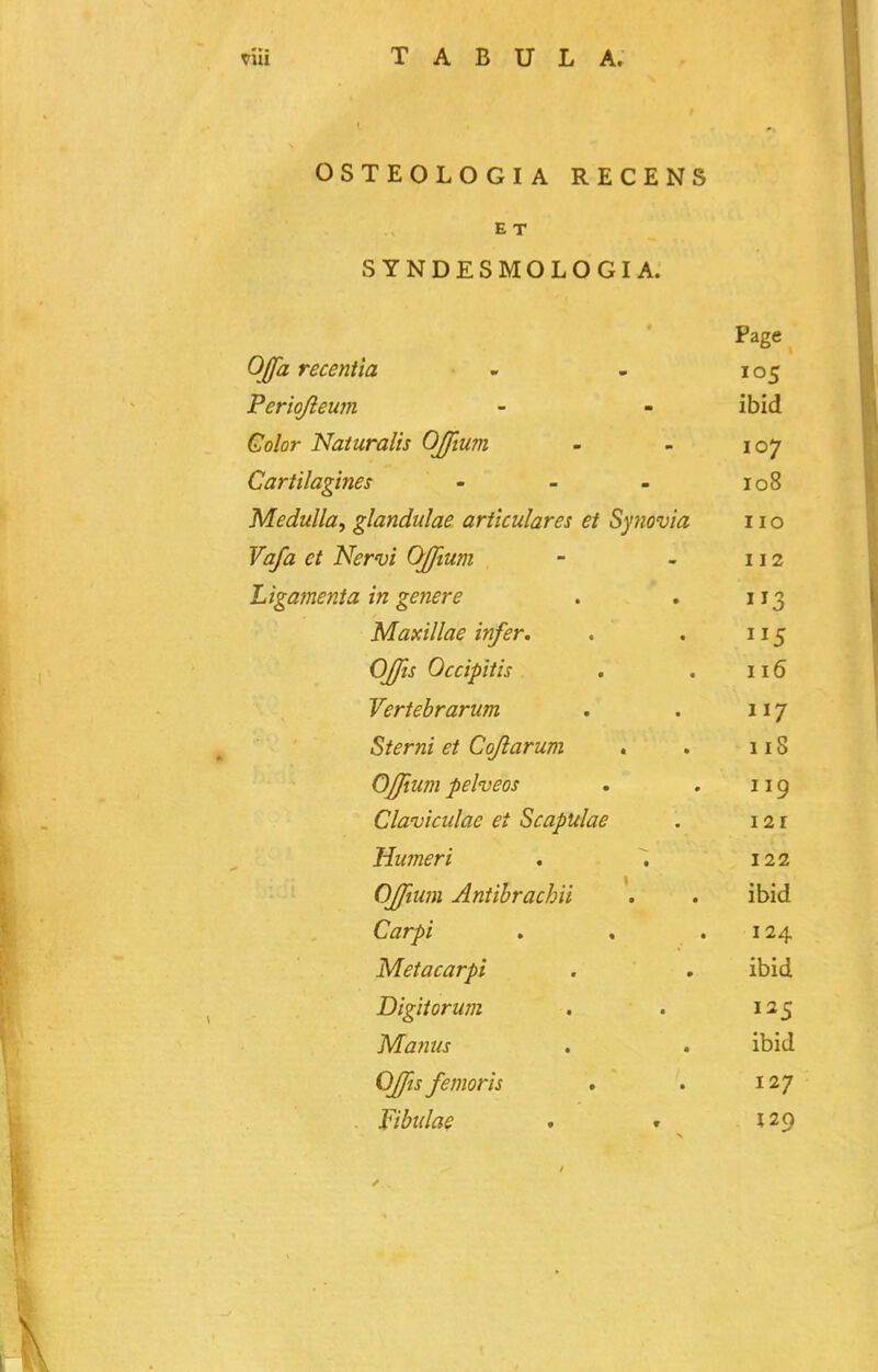 OSTEOLOGIA RECENS ET S YNDESMOLOGI A. Page ^lfU' TcCcnllCl  * 105 jreriojtewn - - lOlU VjOIOi 1\UIUIUHS ^IJlUlll  m 107 KjUTlllUYineS m m m 100 jvieauiiay gianauiae articuiares et oytiovia 110 Vafa et Nerm ujjium 112 Ltgamenta in genere Maxillae infer. 5 yJJJlS UCCipitlS • . I 10 vertebrarum , 117 Sternt et Coftarum 118 OJJiwn pelveos 119 Claviculae et bcapulae i2r Hwneri 122 OJfiuni Antibrachii ibid Carpi 124 Metacarpi ibid Digitorum Manus ibid OJfts femoris . 127 - Fibulae . • 129 t