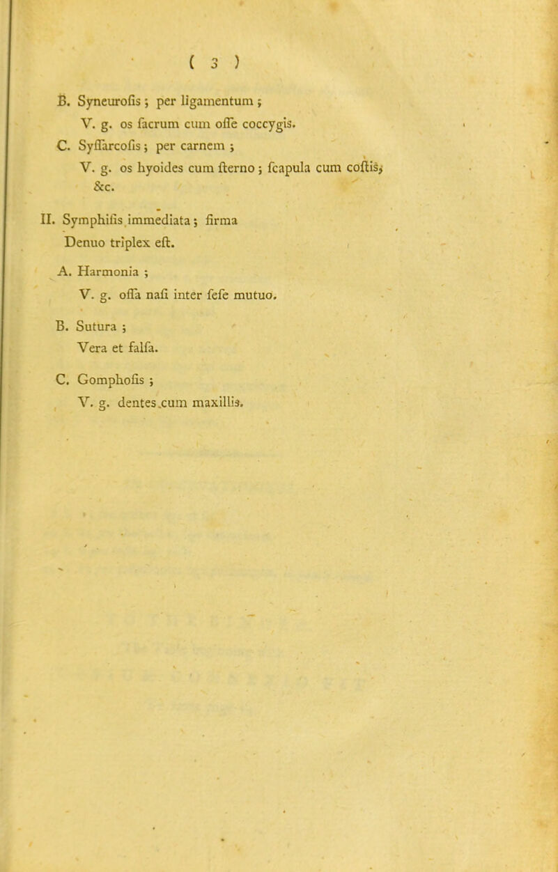 B. Syneurofis ; per ligamentum ; V. g. os facrum cum ofle coccygis. C. Syflarcofis; per carncm ; V. g. os hyoides cura fl:erno; fcapula cum coflisj &c. II. Symphifis immediata; firma Denuo trlplex eft. A. Harmonia ; V. g. ofla nafi inter fefe mutuo. B. Sutura ; Vera et falfa. C. Gomphofis ; V. g. dentes.cum maxillis.