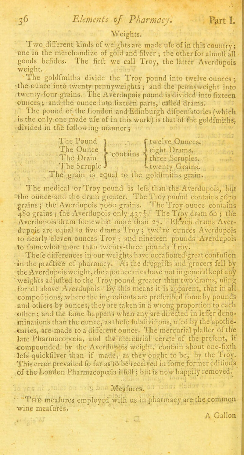 Weights. Two., different* kinds of weights are made ufe of in this country; one in the merchandize of gold and filvcr ; the other for almoft all goods befides. The firft we call Troy, the latter Averdupois weight. The goldfmiths divide the Troy pound into twelve ounces; •the ounce into twenty pennyweights ; and the pen'nyweight into twenty-four grains. The Averdupois pound is divided into fixteen ounces; and the ounce into, fixteen parts, called dram3. The pound of the London and Edinburgh difpenfatories (which . is the only owe made ufe of in this work) is that of the goldfmiths, divided in the fallowing manner; The Pound 1 .- f twelve Ounces. The Ounce I .. J cii^ht Drams, n-i f contains S ,h 1 he Dram I I three Jbcruptes. The Scruple J I twenty Grains. , The' grain is equal to the goldfmiths grain. The medical or Troy pound is lefs,than the' Averdupois, but : the ounce-and the dram greater. The Troy pound contains 5670 grains; the Averdupois 7000 grains. The Troy ounce contains 480 grains ; the Averdupois only 437The Troy dram 60 ; the Averdupois dram fomewhat more than 27. Eleven drams Aver- dupois are equal to five drams Troy; twelve ounces Averdupois to nearly eleven ounces Troy ; and nineteen pounds Averdupois to fomewhat more than twenty-three pounds Troy. Thefe differences in our weights have occafiohed great confufion ■ in the practice of pharmacy. As the dr'uggifts and grocers fell by the Averdupois weight, the apothecaries have not ingenernlkept ahy ' weights adjufted to the Troy pound greater than two drams, ufing for all above Averdupois By this means it is apparent, that in all compofitions, where the ingredients are prefcribed fome by pounds and others by ounces; they are taken in a wrong proportion to each other ; and the fame happens when any are directed in lell'er deno- minations than the ounce, as thefe fubuivifipns, ufed by the apothe- caries, are made to a different ounce. The mercurial plafter of the late Pharmacopoeia, and the mercurial cerate of the prcfent, if ^compounded by the Averdupois weight,' contain about one-fixth lefs quickfilver than if made, as they ought to be, by the Troy. This error prevailed fo far as to be received in fome former editions of the London Pharmacopoeia itfelf; but is now happily removed. '■■ ■ Meafures. ;'J • 'The meafures employed with us in pharmacy are the common wine meafures. A Gallon