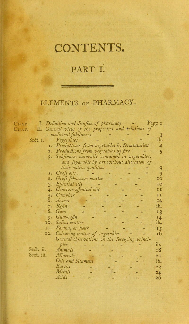 CONTENTS. PART I. ELEMENTS of PHARMACY. Chap. I. Definition and dlvijion of pharmacy - Page i CilAP. II. General view of the properties and relations of medicinal fubjiances - - - 3 Sedl. i. Vegetables - - - ib. I • FroduFtions from vegetables by fermentation 4 2. Produilions from vegetables by fire - 5 3. Subfiances natU7-ally contained in vegetables, and feparable by art without alteration of their native qualities - - ~ 9 1. Grofs oils, - - - - 9 2. Grofs febaceous matter - - 10 3. Efiential oils - - 7 lO 4. Concrete ejf'ential oils - - 11 5. Camphor - - - II 6. Aroma - - - - I2i 7. Refin - - - - ib. 8. Gum - . - - - 13 9. Gum-refin - - - 14. 10. Saline matter - - - ib, 11. Farinuy or four - - - 15 12. Colouring ^natter of vegetables - - 16 General obfervations on the foregoing princi- ples - - - - ib. Sect. ii. Animals - - - 18 Sect. iii. Minerals - - - - 21 Oils and bitumens - - 1 ib. Earths - - 22 Metals - - 24 Acids h. _ _ 26