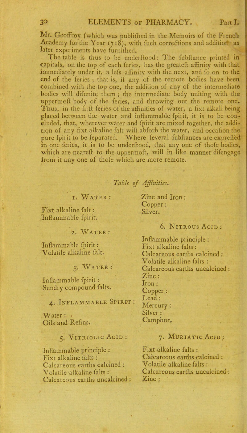 Mr. GeofFroy (which was publinied in the Memoirs of the French Academy for the Year 1718), with fuch corredtions and additior ai later experiments liavc furiiUlicd. The table is thus to he underftood: The fuhftance printed in capitals, on the top of each fcrics, has the greateft affinity with that immediately under it, a lefs affinity with the next, and fo on to the end of the ferics ; that is, if any of the remote bodies have been combined with the top one, the addition of any of the intermediate bodies will difunite them ; the intermediate body uniting with the uppermoft body of the feries, and throwing out the remote one. Thus, in the hrft feries of the affinities of water, a fixt alkali being placed between the water and inflammable fpirit, it is to be con- cluded, that, wherever water and fpirit are mixed together, the addi- tion of any fixt alkaline fait will abforb the water, and occafion the pure fpirit to be feparated. Where feveral fubftances are expreffed in one feries, it is to be underftood, that any one of thofe bodies, ■which are nearefl: to the uppermoft, will in like manner difengage from it any one of thofe which are more remote. Table of Affinities. 1. Water : Fixt alkaline fait: Inflammable fpirit. 2. Water: Inflammable fpirit: Volatile alkaline fait. 3. Water : Inflammable fpirit : Sundry compound falts. 4. Inflammable Spirit: Water : • Oils and Refins. 5. Vitriolic Acid : Inflammable principle: Fixt alkaline falts : Calcareous earths calcined: Volatile alkaline falts : Calcareous earths uiicalcined: Zinc and Iron: Copper: Silver. 6. Nitrous Acid : Inflammable principle: Fixt alkaline falts: Calcareous earths calcined ; Volatile alkaline falts : Calcareous earths uncakined: Zinc : Iron: Copper : Lead: Mercury: Silver: Camphor. 7. Muriatic Acid ; Fixt alkaline falts : Calcareous earths calcined : Volatile alkaline falts : Calcareous earths uncakined : Zinc ;