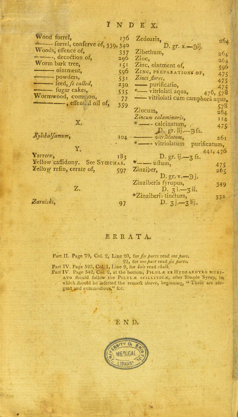 Wood forrel, 176 -* forre], conferve of, 339, 340 Woods, e(rence of, — , decoftion of, Worm bark tree, ' ' ointment,  powders, ieed,yo called^ fugar cakes. Wormwood, comrrjon, ' , effenLi il oil of, 337 296 596 531 230. 535 77 359 X. JCylolalfamum^ 104 Y. Yarrow, 183 Yellow caffidony. See Stcechas. Yellow refin, cerate of, 597 Z. Zedoaria, Z/ibethum, Zinc, Zinc, ointment of, Zinc, preparations of, Zinci Jlores, —— piirificatio, * vitrioJati aqua,. vitriolati cum camphora aqua» 7. 578 Zmcum, Z'mcum calaminarisy *—calcinatum, , JP, gr. iij.—3fs - 'vitriolatum^ * vitriolatum purificatum, .. . 44i,47(i Tjftum, 26^ 264 264 596 475 475 476, 578 264 114 475 261 ZarnichSi 97 • Zinzijjer, D- gr.v.—3j Zinziberis fyrupus, D. 31.—311. ■*Zinziberi^ tindura, ^- si-—3^^J 475 349 332 ERRATA. Part II. Page 79, Col. 2, Line QO, for Jtx fiarfs read one/larf. 21, for one part read fix part Sk Part IV. Page 523, CoL 1, Line 9, for bole read chalk. Part IV. Page .542, Col. 2, at the bottom, PiLUL.« ex HydraroYRo mtjri- ATo ftould follow tlie PiLULiE sciLLiTic.^, after Simple Syrup, in which fliould be infcrtcd the remart above, beginning, Thele are ele- ganl^nd commodiou^ &c. E N b.