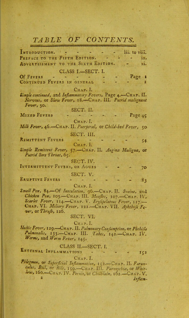 TABLE OF CONTENTS. Introduction. iii. to viil. Preface to the Fifth Edition. - ix. Advertisement to the Sixth Edition. - xL CLASS I.—SECT. I. Of Fevers - - Page I Continued Fevers in general - i Chap. I. Simple continued, and Inflammatory Fevers, Page 4.—Chap. II. Nervous, or Slovu Fever, 18.—Chap. III. Putrid malignant Ftver, 30. SECT. II. Mixed Fevers - Page 45 Chap. I. Milk Fever, 46.—Chap. II. Puerperal, or Child-bed Fever, 50 SECT. IK. Remittent Fevers r 54 Chap. I. Simple Remittent Fever, 57.—Chap. II. Angina Maligna, or Putrid Sore Throat, 65. SECT. IV. Intermittent Fevers, or Agues 70 SECT. V. Eruptive Fevers ------ gj Chap. I. Small Pox, 84.—Of Inoculation, 96.—Chap. II. Swine, and Chicken Pox, 103.—Chap. III. Meajles, 107.—Chap. IV, Scarlet Fever, 114.—Chap. V. Eryfipelatous Fever, 117.— Chap. VI. Miliary Fever, 121.—Chap. VII. Aphthofe Fi- ver, oxThruJh, 126. SECT. VI. Chap. I. Utah Fever, 129 Ch a p. II. Pulmonary Confumption, Or Phthifu Pulmonalis, 133.—Chap. III. Tabes, 142.—Chap. IV. Worms, and Worm Fever, 145. CLASS II.—SECT. I. External Inflammations 152 jit; Chap. I. Phlegmon, or Superficial Inflatnmation, 152.—Chap. IL Furun- culus, Boil, or Bile, 159.—Chap. III. Paronychia, or Whit- Uw, 160.—Chap. IV. Pe,nio,ox Chilblain, 162.—Chap.: V.