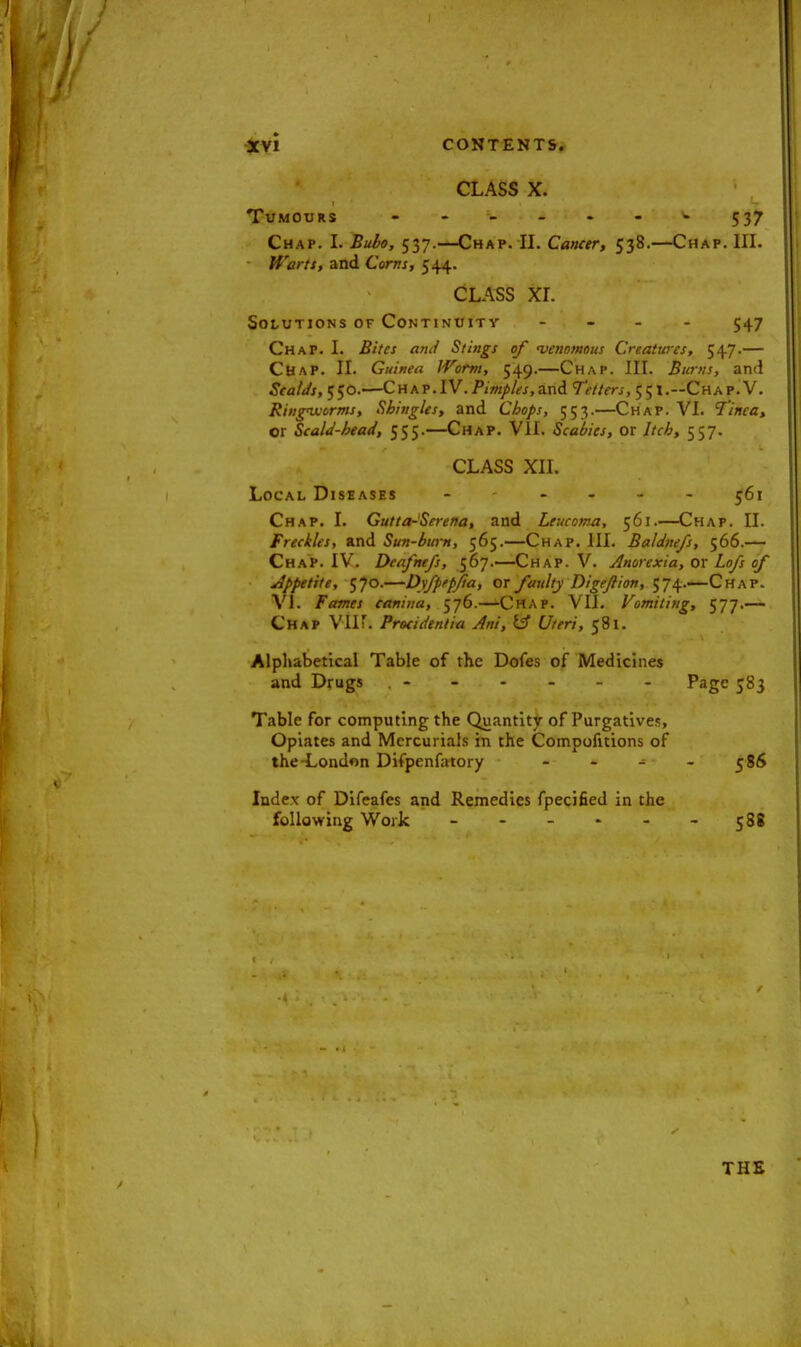 acvi CONTENTS. CLASS X. Tumours w 537 Chap. L Bubo, 537.—Chap. II. Cancer, 538.—Chap. III. Wart 1, and Corns, 544. CLASS XL Solutions of Continuity - 547 Chap. I. Bites ami Stings of -venomous Creatures, 547.— ChaP. II. Guinea Worm, 549.—Chap. III. Burns, and Scalds,eto.—Chap.IV.Pimples,and Tetters, 551.—Chap.V. Ringworms, Shingles, and Chops, 553.—Chap. VI. Tinea, or Scald-head, 555.—Chap. VII. Scabies, or Itch, 557. CLASS XII. Local Diseases - .... 561 Chap. I. Gutta-'Serena, and Leucoma, 561.—Chap. II. Freckles, and Sun-burn, 565.—Chap. III. Baldnefs, 566.— ChaP. IV. Deafnefs, 567.—Chap. V. Anorexia, or Lofs of Appetite, 570.—Dyfpep/ia, or faulty Digeftion, 574—Chap. VI. Fames caniua, 576.—Chap. VII. Vomiting, 577.— Chap VII'. Procidentia Ani, *3 Uteri, 581. Alphabetical Table of the Dofes of Medicines and Drugs . - - - - - - Page 583 Table for computing the Quantity of Purgatives Opiates and Mercurials in the Compofitions of the London Difpenfatory - - - - 586 Index of Difeafes and Remedies fpecified in the following Work - - - - - - 588