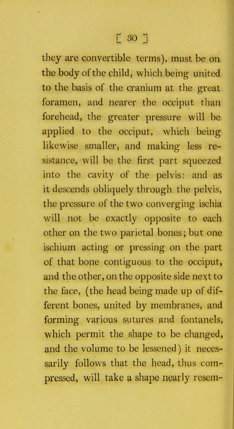 they are convertible terms), must be 011 the body of the child, which being united to the basis of the cranium at the great foramen, and nearer the occiput than forehead, the greater pressure will be applied to the occiput, which being likewise smaller, and making less re- sistance, will be the first part squeezed into the cavity of the pelvis: and as it descends obliquely through the pelvis, the pressure of the two converging ischia will not be exactly opposite to each other on the two parietal bones; but one ischium acting or pressing on the part of that bone contiguous to the occiput, and the other, on the opposite side next to the face, (the head being made up of dif- ferent bones, united by membranes, and forming various sutures and fontanels, which permit the shape to be changed, and the volume to be lessened) it neces- sarily follows that the head, thus com- pressed, will take a shape nearly resem-