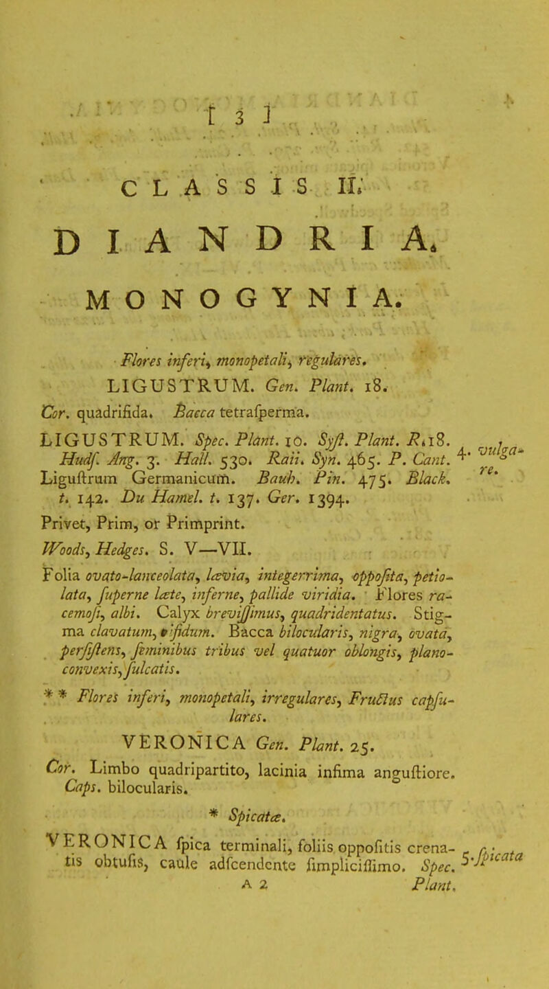 DIANDRIA. MONOGYNIA. v _ v. r. a *,s. . i' ^ ' •'» ' Flores inferis monopetali, regulares. LIGUSTRUM. Gen. Piant. 18, Cor. quadrifida. Baeca tetralperma. LIGUSTRUM. Spec. Piant, io. Syjl. Piant. R*i8. * Hudf. Ang. 3. Hali. 530. Raii. Syn. 465. P. Cant. 4' rJf&a Liguftrum Germanicum. Baub. Pin. 475. Black. t. 142. Du Ha/nel. t. 137. Ger. 1394. Privet, Prim, or Primprint. Woods, Hedges. S. V—VII. Folia ovato-lanceolata, lavia, integerrimas oppofta, petio- lata, fuperne lates infernes pallide viridia. Flores ra- cemoji, albi. Calyx brevijjimust quadridentatus. Stig- ma elavat unis»'fidum. Bacca bilocularis, nigra, ovatay perfi/lens, feminibus tribus vel quatuor oblongis, plano- convexis,fulcatis. * * Flores inferi, monopetali, irregulares, 'Brutius capfu- lares. VERONICA Gen. Piant. 25. Cor.^ Limbo quadripartito, lacinia infima anguftiore. Caps. bilocularis. * Spicata. VERONICA fpica terminali, foliis oppofitis crena- r. • , Iis obtufis, caule adfcendente fimpliciflimo. Spec. 5'JrlCL a 2 Piant,