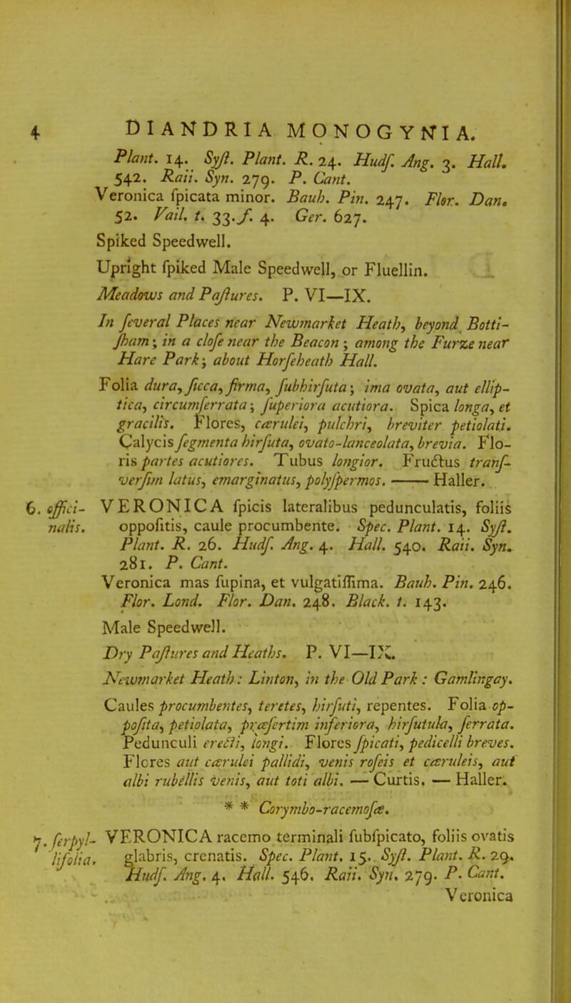 Piant. 14. Syjl. Piant. R. 24. Hudf. Ang. 3. Hali. 542. Raii. Syn. 279. P. Cant. Veronica fpicata minor. Bauh. Pin. 247. Fler. Dan. 52. Vail. i. 33. f. 4. Ger. 627. Spiked Speedwell. Uprlght fpiked Male Speedwell, or Fluellin. Meadows and Pajlures. P. VI—IX. In fcveral Places near Newmarket Heatb, beyond Botti- Jham; in a clofe near the Beacon ; among tbe Furze near Hare Park; about Horfeheath Hali. Folia dura, ficca, firma, fubhirfuta; ima ovata, aut ellip- tica, circumferrata; fuperiora acutiora. Spica longa, et gracilis. Flores, carulei, pulchri, breviter petiolati. Calycis fegmenta birfuta, ovato-lanceolata, brevia. Flo- ris partes acutiores. Tubus longior. Frudius tranf- verfim latus, emarginatus, polyfpermos. Haller. 6.offici- VERONICA fpicis lateralibus pedunculatis, foliis na lis. oppofitis, caule procumbente. Spec. Piant. 14. Syjl. Piant. R. 26. Hudf. Ang. 4. Hali. 540. Raii. Syn. 281. P. Cant. Veronica mas fupina, et vulgatillima. Bauh. Pin. 246. Flor. Lond. Flor. Dan. 248. Black. 1. 143. Male Speedwell. Dry Pajlures andHeatbs. P. VI—IX. Newmarket Fleatb: Linton, in the Old Park: Gamlingay. Caules procumbentes, teretes, hirfuti, repentes. Folia op- pofita, petiolata, precfcrtnn inferiora, hirfutula, ferrata. Pedunculi erecti, longi. Flores f picati, pedicelli breves. Fleres aut carulei pallidi, venis rofeis et caruleis, aut albi rubellis venis, aut toti albi. — Curtis. — Haller. * * Corymbo-racemofa. 7. ferpyl- VERONICA racemo terminali fubfpicato, foliis ovatis lifolia. glabris, crenatis. Spec. Piant. 15. Syjl. Flant. R. 29. Hudf. Ang, 4. Hali. 546. Raii. Syn. 279. P• Cant. ~ . Veronica