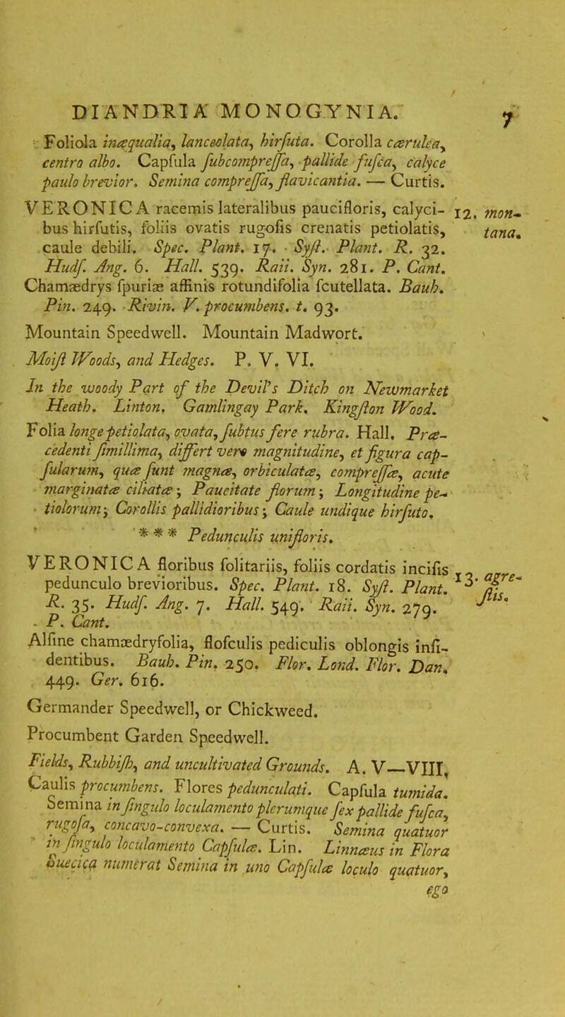 Foliola ina qualia, lanceolata, hirfuta. Corolla caerulea, centra albo. Capfula fubcompreffa, pallide fufea, calyce paulo brevior. Semina compreffa, flavicantia. — Curtis. VERONICA racemis lateralibus paucifloris, calyci- bus hirfutis, foliis ovatis rugofis crenatis petiolatis, caule debili. Spec. Piant. 17. Syjl. Piant. R. 32. Hudf. Ang. 6. Hali. 539. Raii. Syn. 281. P. Cant. Chamaedrys fpuriae affinis rotundifolia fcutellata. Baub. Pin. 249. Rivin. V. procumbens, t. 93. Mountain Speedvvell. Mountain Madwort. Moijl JVoods, and Hedges. P. V. VI. In the woody Part of the Devii’s Ditcb on Newmarbet Heath. Linton. Gamlingay Park. Kingflon Wood. Folia longe petiolata, ovata, fubtus fere rubra. Hali. Prae- cedenti fimillima, differt vero magnitudine, et figura cap- fularum, quae fiunt magna, orbiculata, compreffa, acute marginata ciliata; Paucitate florum; Longitudine pe- tiolorum j Corollis pallidioribus; CW«? undique hirfiuto. '* * * Pedunculis unifioris. VERONICA floribus folitariis, foliis cordatis incifls pedunculo brevioribus. S/w. PAzz/. 18. Sj/?. Piant. R. 35. Hudfi Ang. 7. Pfa/7. 549. Art/V. Syn. 279. - P. 6W. Alfine chamaedryfolia, flofculis pediculis oblongis infi- gentibus. Baub. Pin. 250. Flor. Lond. Flor. Dan, 449. Ger. 616. Germander Speedwell, or Chickweed. Procumbent Garden Speedwell. Fields, Rubbijh, uncultivated Grounds. A. V VIII Caulis procumbens. Flores pcdunculati. Capfula tumida. Semina infingulo loculamento plerumque fex pallide fufea, rugofia, concavo-convexa. — Curtis. Semina quatuor infingulo loculamento Capfula. Lin. Linnaus in Flora uueacq numerat Semina in uno Capfula loculo quatuor, ego 12. mon- tana. 13. agre- Jlis.
