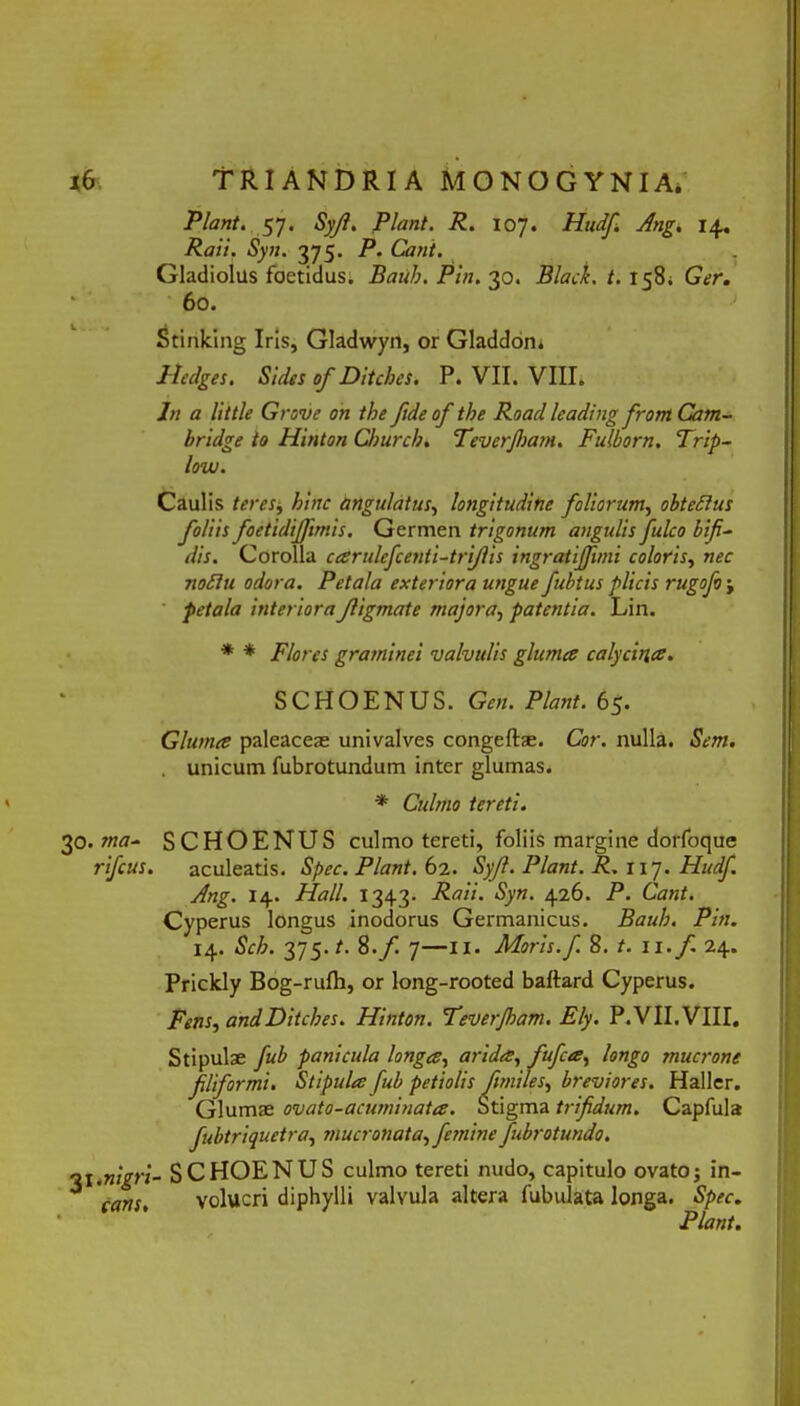 *6 TRIANDRI A MONOGYNIA. Piant. 57. Syjl. Piant. R. 107. Hudf. Ang, 14. Raii. Syn. 375. P. Cani. Gladiolus foetidus. Baub. Pln. 30. Black, t. 158* Ger. 60. Stinking Iris, Gladwyn, or Gladdom Fledges. Sides of Ditcbes. P. VII. VIII. In a little Grave on the fide of the Road leading from Cam- bridge to Hinton Churcb. Teverjham. Fulborn. Trip- low. Caulis teres, hinc angulatus, longitudine foliorum, obteflus foliis foetidijfimis. Germen trigonum angulis fulco bifi- dis. Corolla carulefcenti-trifiis ingratiffimi coloris, nec nofiu odora. Petala exteriora ungue fubtus plicis rugofo ; petala interiora Jligmate majora, patentia. Lin. * * Flores graminei valvulis gluma calycina. SCHOENUS. Gen. Piant. 65. Gluma paleaceae univalves congefbe. Cor. nulla. Sem. . unicum fubrotundum inter glumas. * * Culmo tereti. 30. ma- SCHOENUS culmo tereti, foliis margine dorfoque rifcus. aculeatis. Spec. Piant. 62. Syfi. Piant. R. 117. Hudf Ang. 14. Hali. 1343- Raii. Syn. 426. P. Cant. Cyperus longus inodorus Germanicus. Baub. Pin. 14. Scb. 375. t. 8./. 7—II. Moris, fi 8. t. 11.fi 24. Prickly Bog-rulh, or long-rooted baftard Cyperus. Feris, and Ditcbes. Hinton. Teverjham. Ely. P.VII.VIII. Stipulae fub panicula longa, arida, fufca, longo mucrone filiformi. Stipula fub petiolis fimiles, breviores. Haller. Glumae ovato-acuminata. Stigma trifidum. Capfula fubtriquetra, mucronata, femine fubrotundo. 31 .nigri- SCHOENUS culmo tereti nudo, capitulo ovato; in- ^ cans, volucri diphylli valvula altera fubulata longa. Spec. ’ Piant.