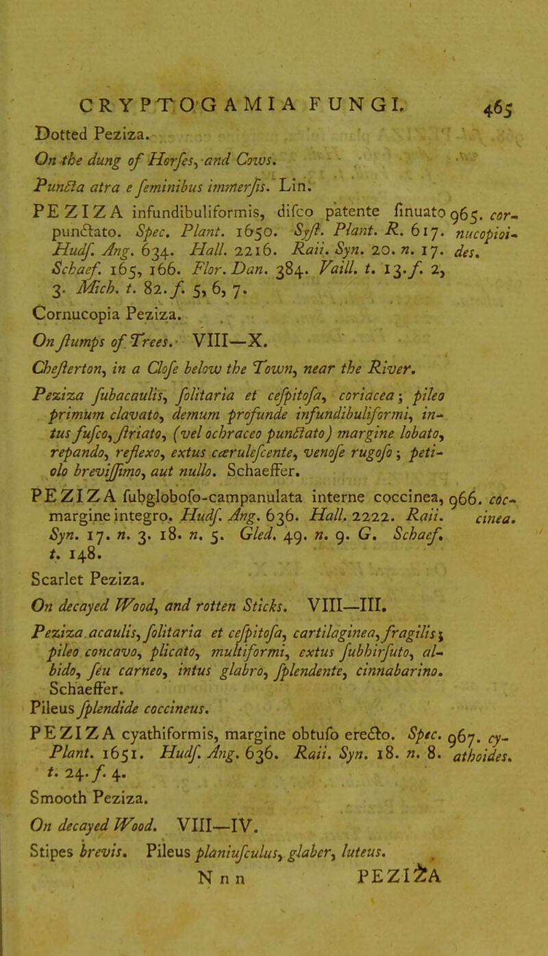 46 5 Dotted Peziza. On tbe dung of Horfcs, and Coios. Pundia atra e feminibus immerfls. Lin. PE Z I Z A infundibuliformis, difco patente finuato 965. cor- pundfato. Spec. Piant. 1650. Syfl. Piant. R. 61J. nucopioi- Hudf. Ang. 634. Hali. 2216. Raii. Syn. 20. n. 17. des. Schaef. i6<, 166. Flor. Dan. 384. Vaill. t. 13./. 2, 3. Micb. t. 82. f. 5, 6, 7. Cornucopia Peziza. On Jlumps ofTrees,- VIII—X. Cbejlerton, in a Clofe below the Tbwn, near tbe River. Peziza fubacaulis, folitaria et cefpitofa, coriacea j pileo primum clavato, demum profunde infundibuliformis in- tus fufco,friato, (vel ochraceo pundtato) margine lobato, repando, reflexo, extus carulefcente, venofe rugofo; peti- olo brevifflmo, aut nullo. Schaeffer. PEZIZ A fubglobofo-campanulata interne coccinea, g66. margine integro. Hudf. Ang. 636. Hali. 2222. Raii. cinea. Syn. 17. n. 3. 18. n. 5. Gled. 49. n. 9. G. Schaef. t. 148. Scarlet Peziza. On decayed Wood, and rotten Sticks. VIII—III. Peziza acaulis, folitaria et cefpitofa, cartilaginea, fragilis $ pileo concavo, plicato, jnultiformi, extus fubhirfuto, al- bido, feu carneo, intus glabro, fplendente, cinnabarino. Schaeffer. Pileus fplendide coccineus. PEZIZA cyathiformis, margine obtufo eredto. Spec. 967. cy- Plant. 1651. Hudf Ang. 636. Raii. Syn. 18. n. 8. athoides. t. 24./. 4. Smooth Peziza. On decayed Wood. VIII—IV. Stipes brevis. Pileus planiufculus, glaber, luteus. N n n P E ZI /£A