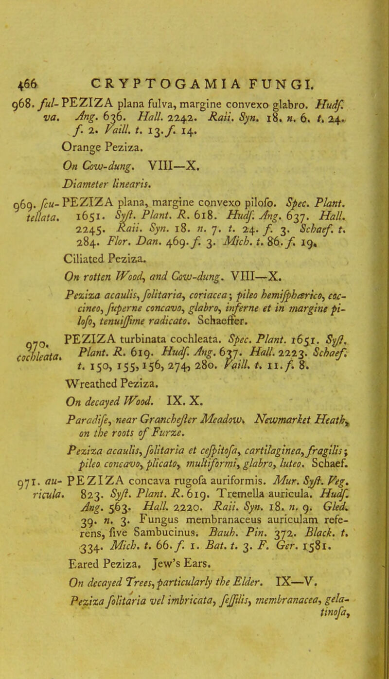 968. fui- PEZIZA plana fulva, margine convexo glabro. Hudf. va. Ang. 636. Hali. 2242. Raii. Syn. 18. n. 6. t. 24. f. 2. Vaill. t. 13./. 14. Orange Peziza. On Cow-dung. VIII—X. Diameter linearis. 069. fcu- PEZIZA plana, margine convexo pilofo. Spec. Piant, tellata. 1651. Sy/l. Piant. R. 618. Hudf. Ang. 637. Hali. 2245. Raii. Syn. 18. n. 7. t. 24. f. 3. Schaef. t. 284. Flor. Dan. 469. f. 3. Micb. t. 86. f 19, Ciliatcd Peziza. On rottcn IVood, and Cow-dung. VIII—X. Peziza acaulis, folitaria, coriacea; pileo hemifpbarico, £<?<:- cineo, fuperne concavo, glabro, inferne et in margiiie pi- lofo, tenuijfirne radicato. Schaefter. _-0f PEZIZA turbinata cochleata. Piant. 1651. 5^/?. cochleata. 619. Hudf. Ang. 637. /fa//. 2223. Schaef. t. 150, 155,156, 274, 280. Vaill. t. ii./. 8. Wreathed Peziza. 0« decayed IVood. IX. X. Paradife, near Granchejler Meadow. Newmarket Heathy on tbe roots of Furze. Peziza acaulis, folitaria et cefpitofa, cartilaginea, fragilis; concavo, plicato, multiformi, glabro, /atefl. Schaef. 971. PEZIZA concava rugofa auriformis. .Mzr. 5};/?. Veg. ricula. 823. Sy/l. Piant. R. 619. Tremella auricula, i/azs/ Ang. 563. //a//. 2220. «Syn. 18. «. 9. GM 39. ». 3. Fungus membranaceus auriculam refe- rens, five Sambucinus. Rauh. Pin. 372. Black, t. 334. .MV/;. /. 66./. 1. ifa/. /. 3. A. Gfr. 1581. Eared Peziza. Jew’s Ears. Oh decayed Trees, particularly tbe Elder. IX—V. Peziza folitaria vel imbricata, fejfdis, membranacea, gela-