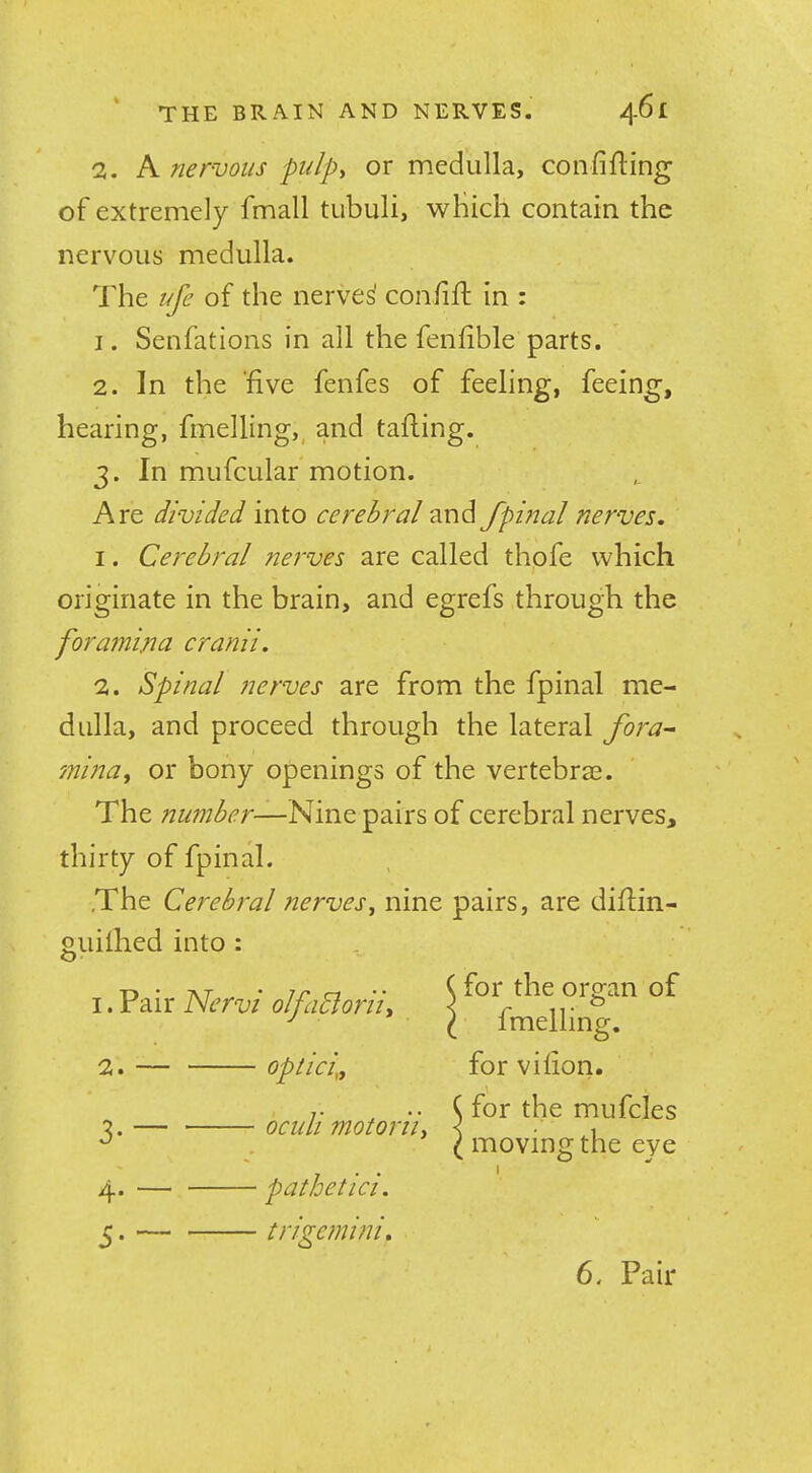 '1. A nervous pulpy or medulla, confining of extremely fmall tubuli, wHich contain the nervous medulla. The t^fe of the nerves' coniift in : 1. Senfations in all the fenfible parts. 2. In the ‘five fenfes of feeling, feeing, hearing, fmelling,, and tailing. 3. In mufcular motion. Are divided into cerebral and fpinal nerves. 1. Cerebral nerves are called thofe which originate in the brain, and egrefs through the foramina cranii. 2. Spinal nerves are from the fpinal me- dulla, and proceed through the lateral fora~ 'mi^my or bony openings of the vertebrae. The number—Nine pairs of cerebral nerves, thirty of fpinal. The Cerebral nervesy nine pairs, are diftin- guilhed into : 1. Pair Nervi olfadloriiy 2. — opticiy 3. — bcuU motoriiy 4. — pathetici. ^. trigemini. J for the organ of { fmelling, for vilion. (for the mufcles ^ moving the eye I