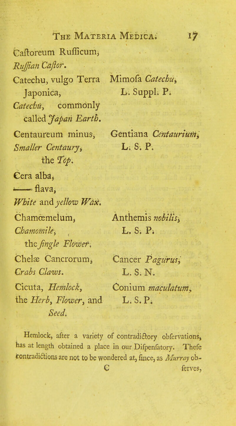 Gaftoreum Ruflicunij RtiJJian 'Caftor, Catechu, vulgo Terra Mimofa Catechui Japonica, Catechn, commonly called Japan Earth, Centaureum minus. Smaller Centaury^ the Cera alba, i-— flava, White 2^.^^^ yellow Wdii* Chamosmeium, Chamomile^ the Jingle Flower. Chelae Cancrorum, Crah Claws, Cicuta, Hemlock, the Herb, Flower, and Seed. L. Suppl. P. Gentiana Cenfaun'uf^i^ L; S. P. Anthemis nobilisy L. S; Pi Cancer Pagurus^ L. S. N. Conium maculatumy L.S.P, Hemlock, after a variety of contradiftory obfervatlons, has at length obtained a place in our Difpenfatory. Thefe contradidtions are not to be wondered at, fince, as Murray ob- C ferves,