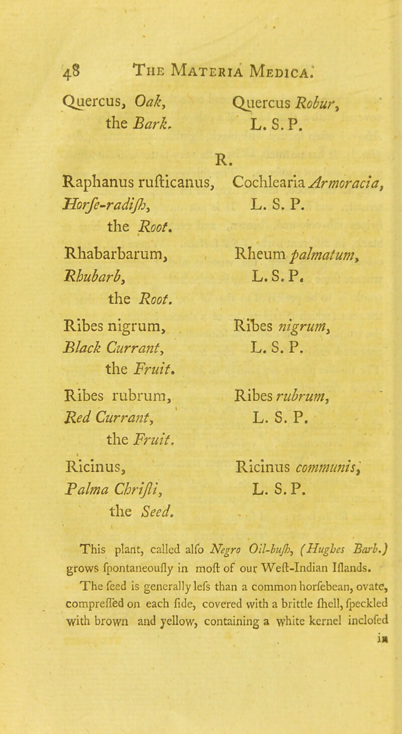 Quercus, Oak, the Bark, Qiiercus Robur^ L.S.P. R. Raphanus rufticanus, Cochlearia ^a^?, Horfe-radijh, the Roof. Rhabarbarum, Rhubarb, the Roof. Ribes nigrum, ^//j'Cy^ Currant, the irz^/V. Ribes rubrurn. Red Currant, the Ricinus, Raima Chrijli, the ^eed. L. S. P. Rheum palmatuniy L.S.P. Ribes nigrum^ L. S. P. Ribes rubrurn, L. S. P. Ricinus communis'.^ L. S.P. This plant, called alfo Negro OU-buJh, (Hughes Barb.) grows fpontaneoufly in moft of our Weft-Indian Iflands. The feed is generally lefs than a common horfebean, ovate, comprelTed on each fide, covered with a brittle fhell, fpeckled with brown and yellow, containing a white kernel inclofed in