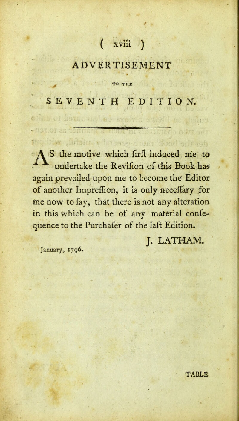 ADVERTISEMENT *7 TO THE SEVENTH EDITION. » ' \f ‘ ‘ i — ■■mrliii i A S the motive which firft induced me to • ^ undertake the Revifion of this Book has again prevailed upon me to become the Editor of another Impreffion, it is only neceffary for ine now to fay, that there is not any alteration in this which can be of any material confe- rence to the Purchafer of the Iaft Edition. J. LATHAM. January, 1796. TABLE