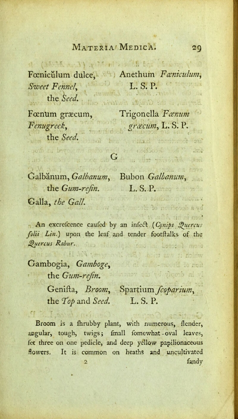 Foeniculum dulce, Anethum Fcenicidum, Sweet Fennel, L. S. P. the Seed. Foenlim grsecum, Trigonella Fcenum Fenugreek, . greecum, L. S. P. the *SW. G Galbanum, Galbanum, Bubon Galbanum, the Gum-rejin. L. S. P. Galla, the Gall. An excrefcence caufed by an infeft (Cynips ®hiercus folii Lin.) upon the leaf and tender footftalks of the Quercus Robur. Gambogia, Gamboge, the Gum-rejin. Genifta, Broom, Spartium fcoparium, the Fop and Seed. L. S. P. Broom is a Ihrubby plant, with numerous, {lender, angular, tough, twigs; fmall fomewhat - oval leaves, fet three on one pedicle, and deep yellow papilionaceous flowers. It is common on heaths and uncultivated 2 fandy