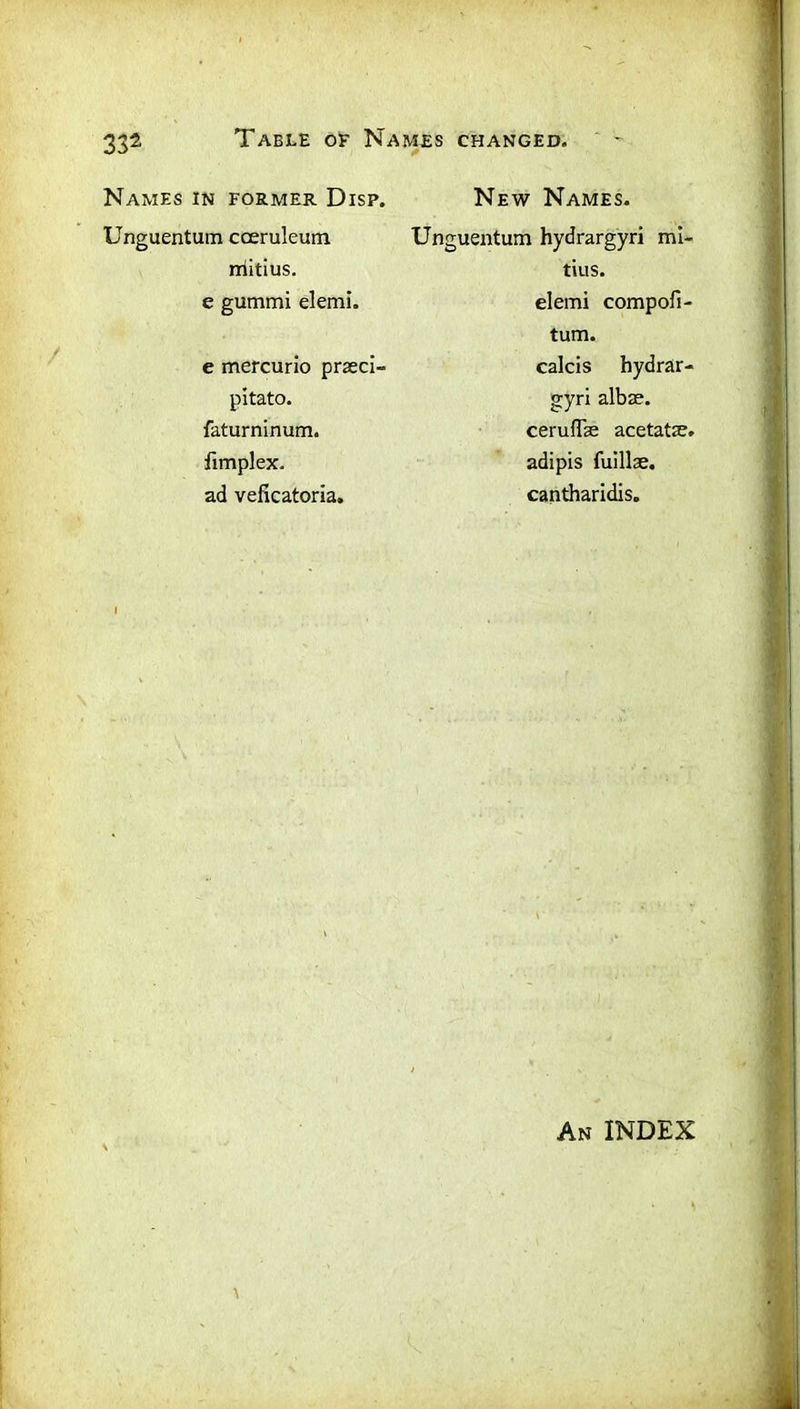 Names in former Disp. Unguentum cceruleum rriitius. e gummi elemi. e mercurio prseci- pitato. faturninum. fimplex. ad veficatoria. New Names. Unguentum hydrargyri mi- tius. elemi compofi- tum. calcis hydrar- gyri albae. ceruffe acetatje. adipis fuillae. cantharidis. \ An INDEX