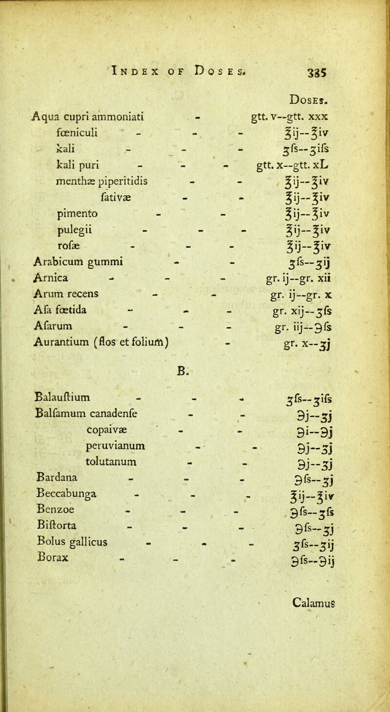 Aqua cupri ammoniati fceniculi > kali kali puri menths piperitidis fativae pimento pulegii rofae Arabicum gummi Arnica Arum recens Afa foetida Afarum Aurantium (flos et folium) B. Balauftium Balfamum canadenfe copaivae peruvianum tolutanum Bardana Beccabunga Benzoe Biftorta Bolus gallicus Borax 335 Doses. gtt. v—gtt. xxx 5fs-5ifs gtt. x—gtt. xL 5‘j“5iv fy--3iv 5fs--3*j gr. ij-gr. xii gr. ij-gr. x gr. xij-jft gr. iij-3& gr. x~3j 5fs-5ifs 3j-3j 9‘--9j 9j~Sj 9j--3j 9fs-3j 9fs-5fs 9fs“3J 3fs--3»j 9 fs__ 9 ij Calamus