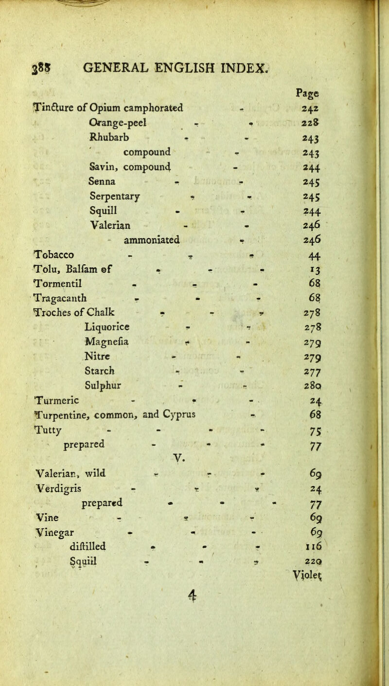 Tindlure of Opium camphorated Orange-peel Rhubarb compound Savin, compoun4 Senna Serpentary Squill Valerian ammoniated Tobacco Tolu, Balfam ©f Tormentil Tragacanth - Troches of Chalk Liquorice Magnefia Nitre Starch Sulphur Turmeric Turpentine, common, Tutty prepared Valerian, wild Verdigris prepared Vine Vinegar diftilled Squill Page 242 228 H3 243 244 245 245 ?44 246 246 44 *3 68 68 278 278 279 279 z 77 28a 24 Cyprus 68 7 S 77 V. 69 r 24 - - - 77 * - 69 - - 69 - - 116 - 3 22Q YJole^ 4