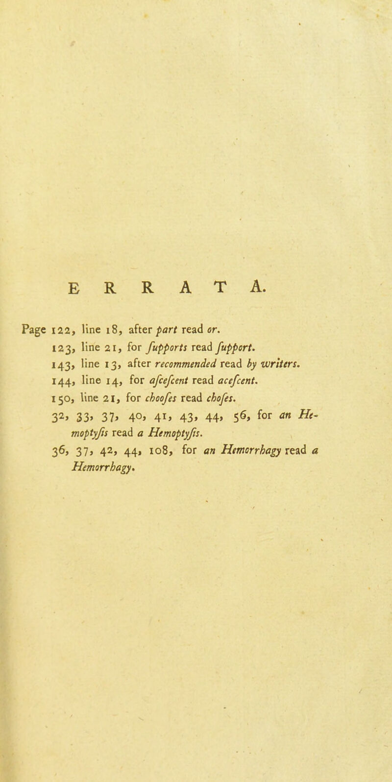 ERRATA. 122, line 18, ahev part reader. 123, line 21, for fupports read fupport. 143, line 13, after recommended read by writers. 144, line 14, for afcefcent read acefcent. 150, line 21, for choofes read ^Ao/^f. 3^' 33' 37> 40* 4i» 43» 44» ^ moptyfts read a Hemoptyjis. 36* 37> 42, 44, io8, for an Hemorrhagy x&i.^ a Hemorrhagy.