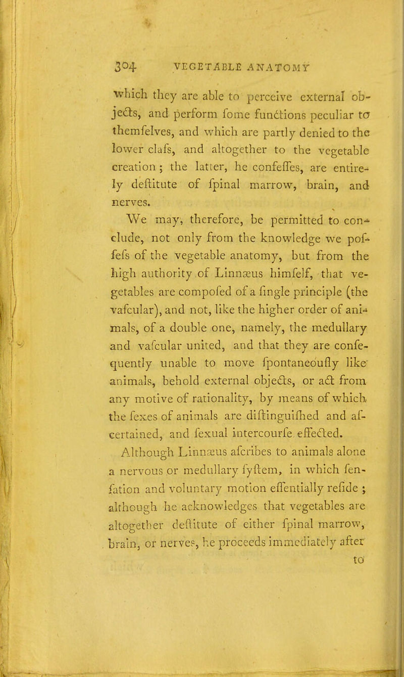 which they are able to perceive external ob- jedts, and perform fome fundions peculiar to themfelves, and which are partly denied to the lower clafs, and altogether to the vegetable creation ; the latter, he confefTes, are entire- ly deftitute of fpinal marrow, brain, and nerves. We may, therefore, be permitted to con-' elude, not only from the knowledge we pof* fefs of the vegetable anatomy, but from the high authority of Linnseus himfelf, that ve- getables are compofed of a fmgle principle (the vafcular), and not, like the higher order of ani-* mals, of a double one, namely, the medullary and vafcular united, and that they are confe- quently unable to move fpontanedufly like' animals, behold external objeds, or ad: from any motive of rationality, by means of which, the fexes of animals are diftingulilied and af- certained, and fexual intercourfe effeded. Although Linnseus afcribes to animals alone a nervous or medullary fyftem, in which fen- fation and voluntary motion eflentially refide ; although he acknowledges that vegetables are altogether deftitute of either fpinal marrow, brain, or nerves, he proceeds immediately after to