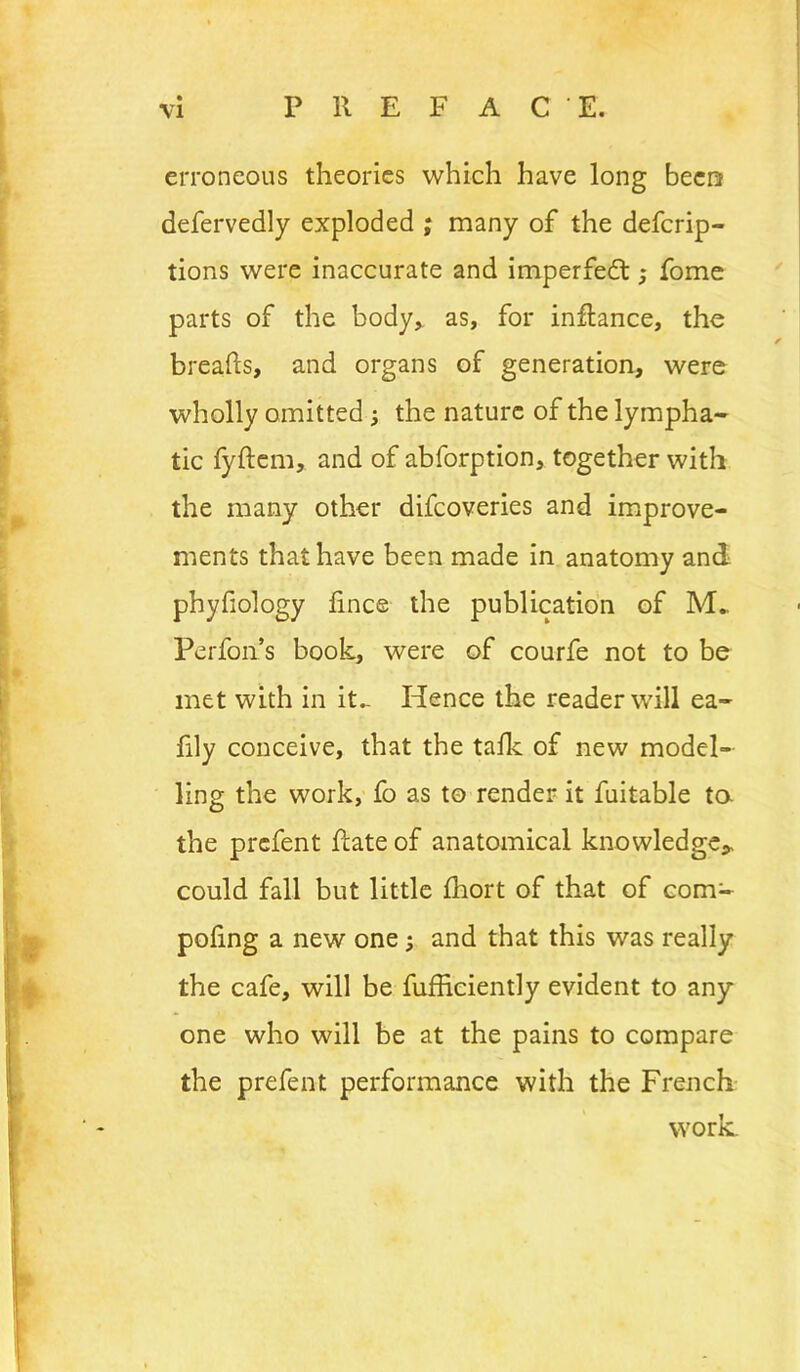 erroneous theories which have long becra defervedly exploded ; many of the defcrip- tions were inaccurate and imperfect; fome parts of the body> as, for inflance, the breads, and organs of generation, were wholly omitted ^ the nature of the lympha- tic fyftcm, and of abforption, together with the many other difcoveries and improve- ments that have been made in anatomy and phyfiology line© the publication of M* Perfoii s book, were of courfe not to be met with in it.- Hence the reader will ea- fily conceive, that the talk of new model- ling the work, fo as to render it fuitable ta the prefent date of anatomical knowledge;, could fall but little Ihort of that of com- poling a new one; and that this was really the cafe, will be fufficiently evident to any one who will be at the pains to compare the prefent performance with the French- work.