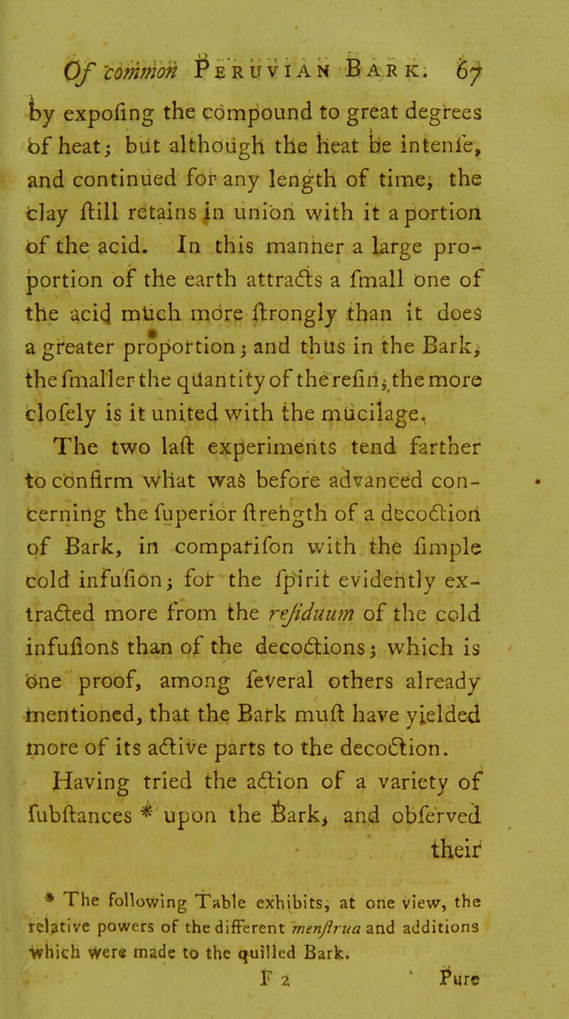 by expofing the compound to great degrees of heat; but although the heat be intenle, and continued for any length of time, the clay ftill retains in union with it a portion of the acid. In this manner a large pro- portion of the earth attracts a fmall one of the aciq| much more ftrongly than it does a greater proportion; and thus in the Bark, thefmallerthe quantity of therefiri; the more clofely is it united with the mucilage. The two laft experiments tend farther to confirm what was before advanced con- cerning the fuperior ftrehgth of a decoction of Bark, in comparifon with the fimple cold infuiion; for the fpirit evidently ex- traded more from the rejiduum of the cold infufions than of the decoctions; which is one proof, among feveral others already mentioned, that the Bark muft have yielded more of its active parts to the decoction. Having tried the action of a variety of fubftances * upon the 6ark, and obferved their * The following Table exhibits, at one view, the relative powers of the different menftrua and additions which were made to the quilled Bark. f 2 ' Pure