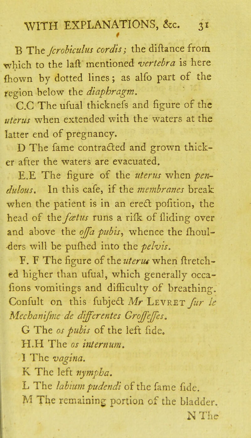 B The Jcrobiculus cordis; the diftance froria which to the laft mentioned vertebra is here fliown by dotted lines; as alfo part of the region below the diaphragm, C.G The ufual thicknefs and figure of the uterus when extended with the waters at the latter end of pregnancy. D The fame contradled and grown thick- er after the waters are evacuated. E. E The figure of the uterus when pen- dulous. In this cafe, if the membranes break when the patient is in an ere£l: pofition, the head of the fcetus runs a rilk of Aiding over and above the ojfa pubis^ whence the Ihoul- •ders will be pufhed into the pelvis. F. F The figure of the uterm when ftretch- ed higher than ufual, which generally occa- fions vomitings and dijBSculty of breathing. Confiilt on this fubjed: Mr Levret fur k Mechanifme de differentes Grojjejfes, G The OS pubis of the left fide. H.H The OS internum, 1 The vagina. K The left nympha. L The labium pudendi of the fame fide. M The remaining portion of the bladder, NThe