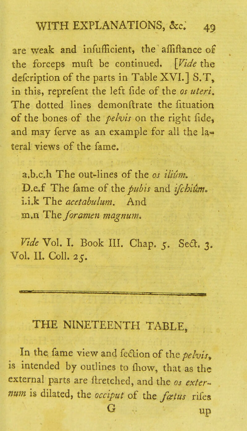 are weak and infufficient, the^ afliftance of the forceps muft be continued. [Vide the defcription of the parts in Table XVI,] S.T, in this, reprcfent the left fide of the os uteri. The dotted lines demonftrate the fituation of the bones of the pelvis on the right fide, and may ferve as an example for all the la- teral views of the fame. a.b.c.h The out-lines of the os ilium. D.e.f The fame of the pubis and ifchium, i.i.k The acetabulum. And m.n The foramen magnum. Vide Vol. I. Book III. Chap. 5. Sed. 3. Vol. II. Coll. 25. THE NINETEENTH TABLE, In the fame view and feiftion of the pelvis^ is intended by outlines to fliow, that as the external parts are llretched, and the os exter- num is dilated, the occiput of the fatus rifes G up