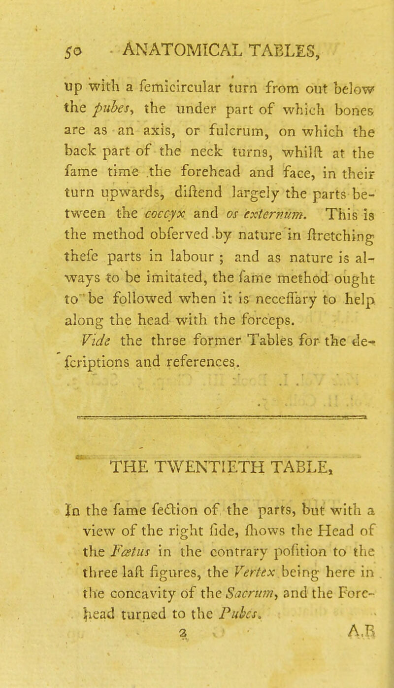 up with a femicircular turn from out below the pul^s, the under part of which bones are as-an axis, or fulcrum, on which the back part of the neck turns, whilft at the fame time .the forehead and face, in their turn upwar-ds, diftend largely the parts be- tween the coccyx and os externum. This is the method obferved by nature'in ftretching thefe parts in labour ; and as nature is al- ways to be imitated, the fame method ought to be followed when it is neceffary to help, along the head with the forceps. Vide the three former Tables for the de- fcriptions and references. THE TWENTIETH TABLE, In the fame fedion of the parts, but with a view of the right fide, fliows the Head of the Fastus in the contrary pofition to the three laft figures, the Vertex being here in the concavity of the Sacrinn^ and the Fore- |-iead turned to the Pubcs, 2 A.R