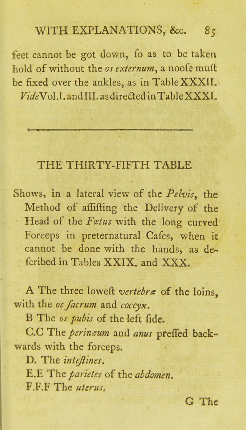 feet cannot be got down, fo as to be taken hold of without the os externum, a noofe muft be fixed over the ankles, as in Table XXXII. VideVoU. and III. as di reded in Tabl e XXXI. THE THIRTY-FIFTH TABLE Shows, in a lateral view of the Pelvis, the Method of alTifting the Delivery of the Head of the F(stus with the long curved Forceps in preternatural Cafes, when it cannot be done with the hands, as de- fcribed in Tables XXIX. and XXX. A The three loweft 'vertebra of the loins, with the OS facrum and coccyx, B The OS pubis of the left fide. C. G The perinceum and anus pfeffed back- wards with the forceps. D. The intejlines. E. E The parietes of the abdomen, F. F.F The uterus, G The