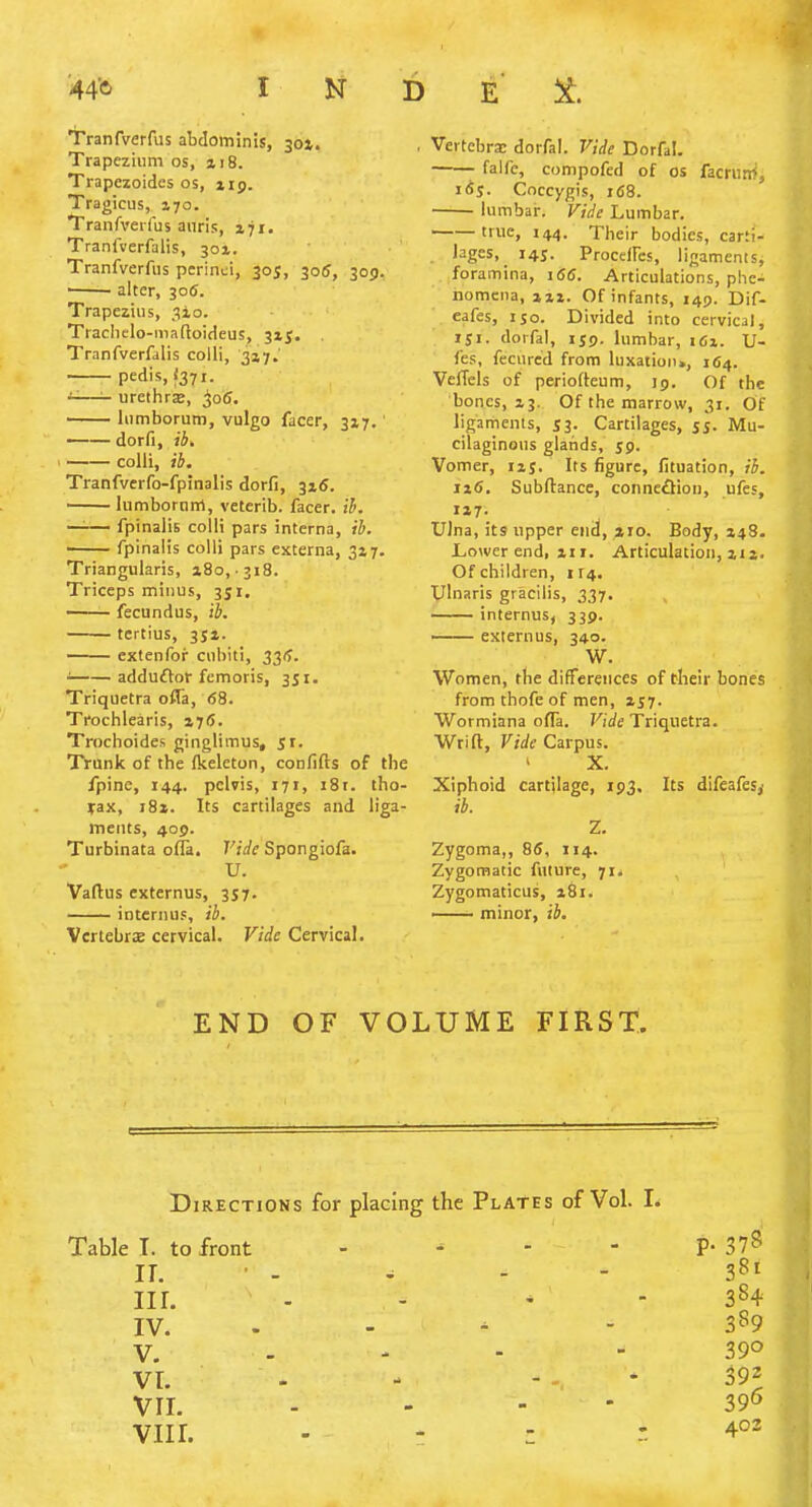 Tranfverfus abdominis, 301. Trapezium os, a 18. Trapczoidcs os, jip. Tragicus, 170. Traiifverfus anris, 171. Tranfverfalis, 301. Tranfverfus perinci, 30J, 305, 309. ' alter, 30S. Trapezius, ^io. Traclielo-niaftoideus, . Tranfverfalis colli, 317. pedis, 1371. -—- urethrjB, jo(5. lumborum, vulgo facer, 317. ' dorfi, ib. colli, ib. Tranfverfo-fpinalis dorfi, 315. lumborntil, vetcrib. facer, ib. —— fpinalis colli pars interna, ib. fpinalis colli pars externa, 347. Triangularis, i8o,-318. Triceps minus, 351. —— fecundus, ib. tertius, 3J1. extenfor cuhiti, 33(f. ' adduftor femoris, 351. Triquetra ofla, (58. Trochlearis, 176. Trochoides ginglimus, 51. Trunk of the {keleton, confids of the fpinc, 144. pelvis, 171, iSt. tho- irax, 182. Its cartilages and liga- ments, 405. Turbinata ofla. Vide Spongiofa. U. Vaftus externus, 357. internus, ib. Vcrtebrse cervical. Vide Cervical. , Vertebra: dorfai. Vide Dorfal. falfc, compofed of os facrud, i($S. Coccygis, 168. lumbal-. Vide Lumbar. true, 144. Their bodies, carti- lages, 14s. Proceifcs, ligaments, foramina, 166. Articulations, phe- nomena, ixi. Of infants, 149. Dif- eafes, 150. Divided into cervical, iji. dorfal, ISO- lumbar, i6x. V- fes, fecured from luxatioju, 164. VefTels of periofteum, 19. Of the bones, 13. Of the marrow, 31. Of ligaments, 53. Cartilages, S5- Mu- cilaginous glands, 59. Vomer, izj. Its figure, fituation, ib. ii6. Subftance, connection, ufes, UJna, its upper end, arc. Body, 248. Lower end, an. Articulation, na. Of children, 114. XJlnaris gracilis, 337. , internus, 339. — externus, 340. W. Women, the differences of their bones from thofe of men, ai7. Wormiana ofla. Fi'rfe Triquetra. Wrift, Vide Carpus. X. Xiphoid cartilage, 193, Its difeafes,' ib. Z. Zygoma,, 85, 114. Zygomatic future, 71* Zygomaticus, a8i. —— minor, ib. END OF VOLUME FIRST. Directions for placing the Plates of Vol. I. Table I. to front p. 37? II. 381 III. 384 IV. 389 V. 390 VI. B92 VII. 396 VIII. 402